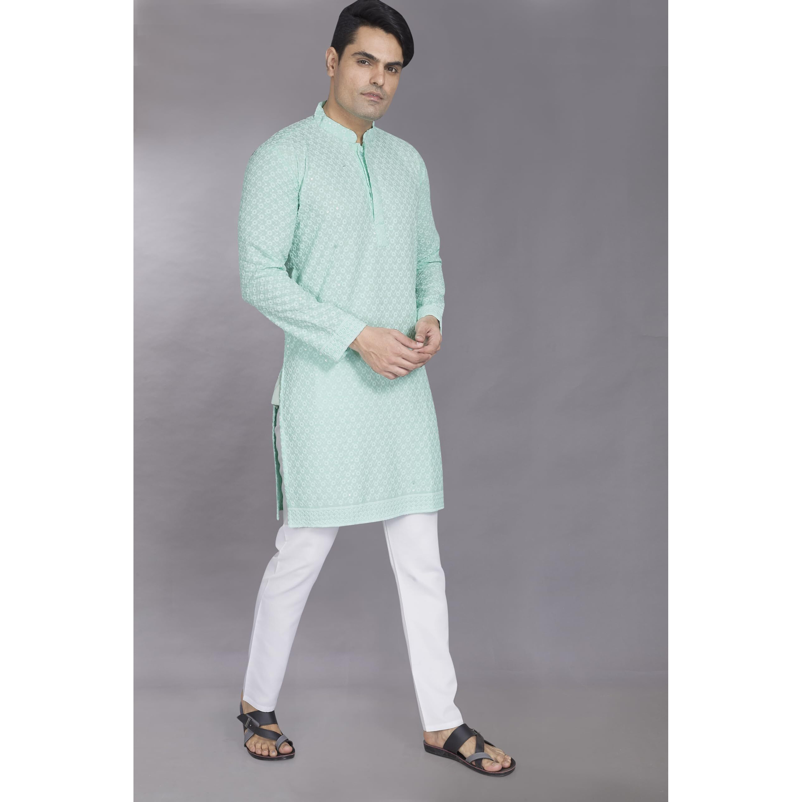 Divisive Men's Sequince Embroidered Cotton Blend Only Slim Fit Kurta (Dkrt881_Xxxl_Sky)