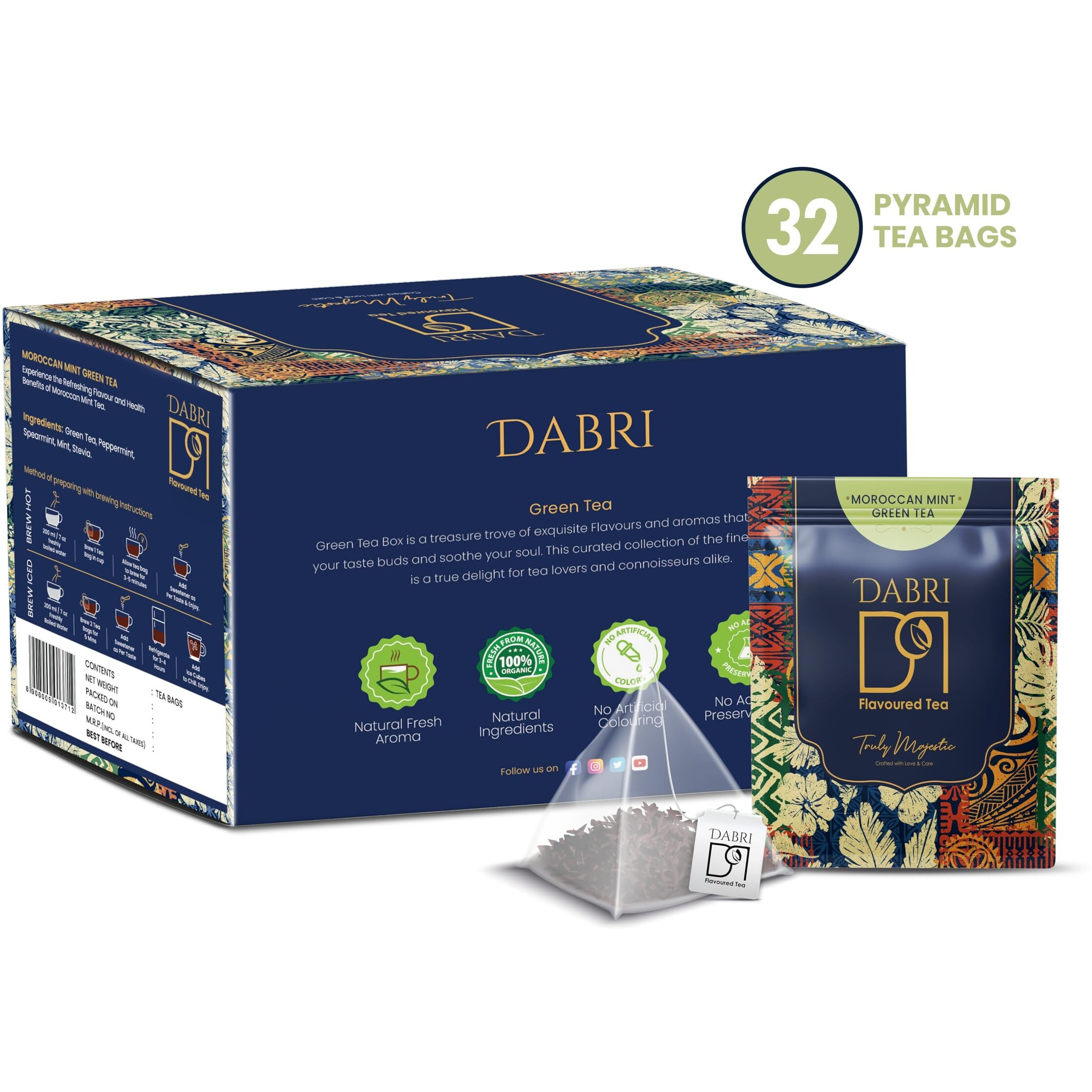 Dabri Moroccan Mint Green Tea Bags 32Pcs For Help For Weight Management, Reduce Stress & Maintain Blood Pressure (32 Pyramid Bags)
