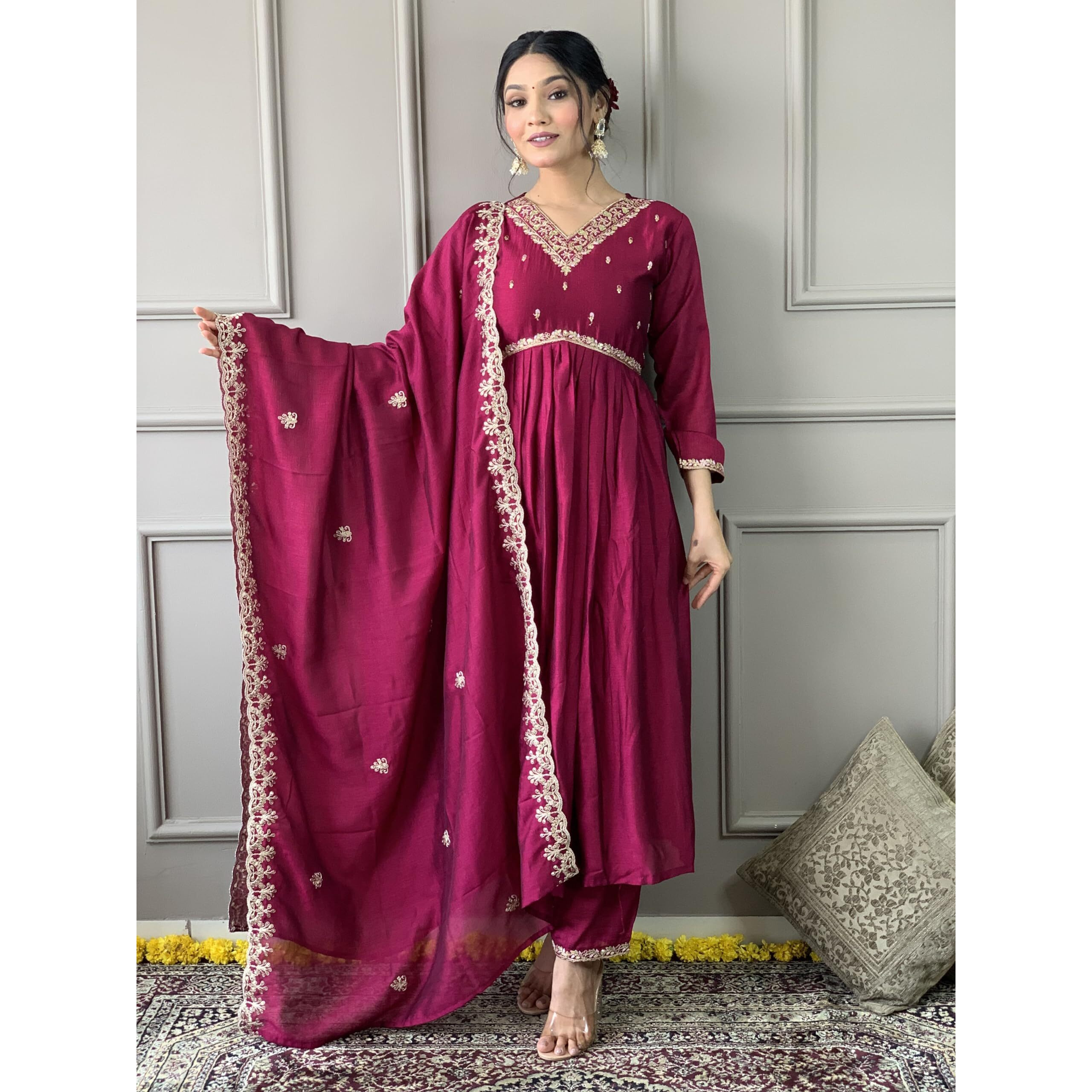 Naixa Women's Wine Vichitra Silk Embroidered Flared Kurta With Vichitra Silk Pant And Vichitra Silk Embroidered Dupatta Sets (Nx-S-Sameera-Wine-L)
