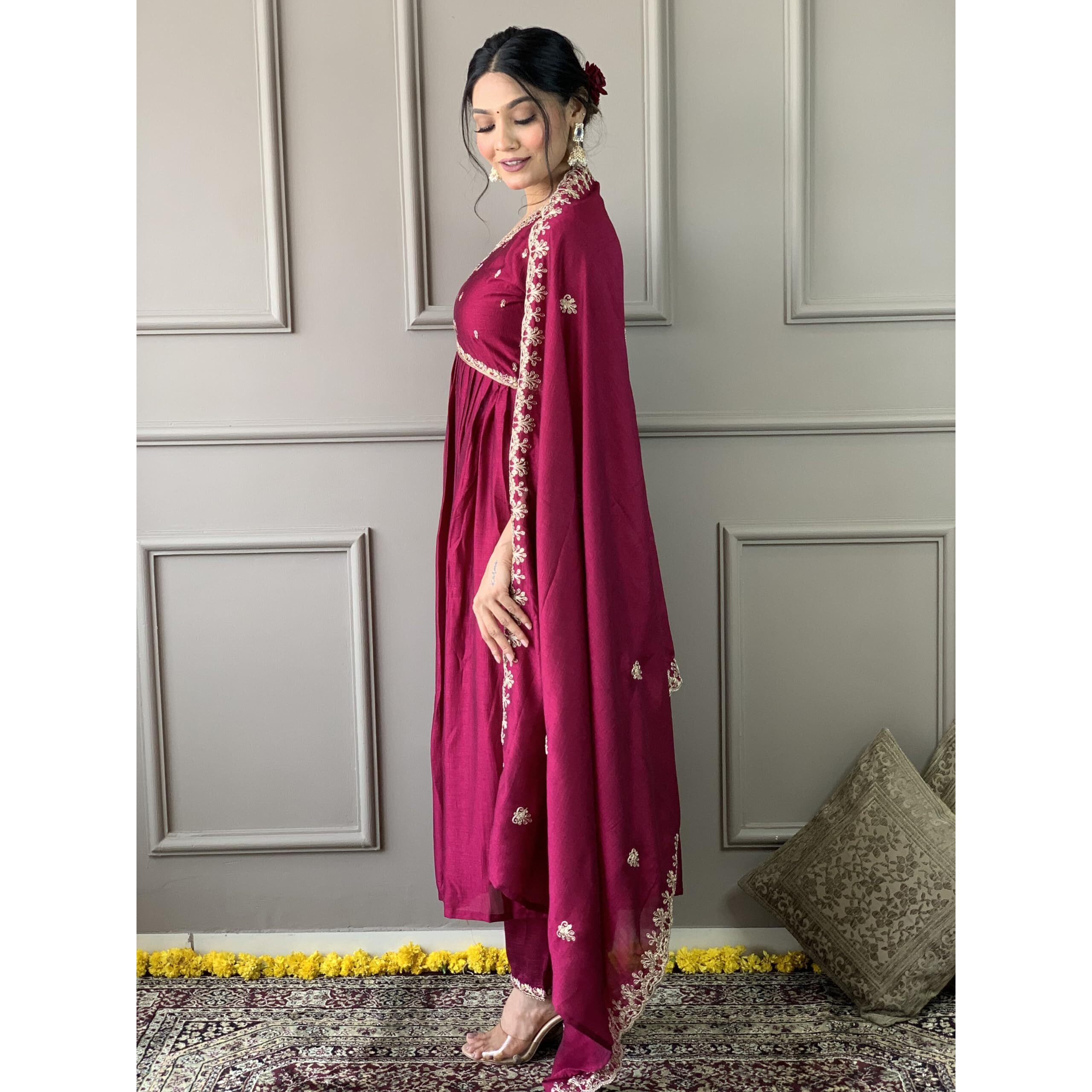 Naixa Women's Wine Vichitra Silk Embroidered Flared Kurta With Vichitra Silk Pant And Vichitra Silk Embroidered Dupatta Sets (Nx-S-Sameera-Wine-L)