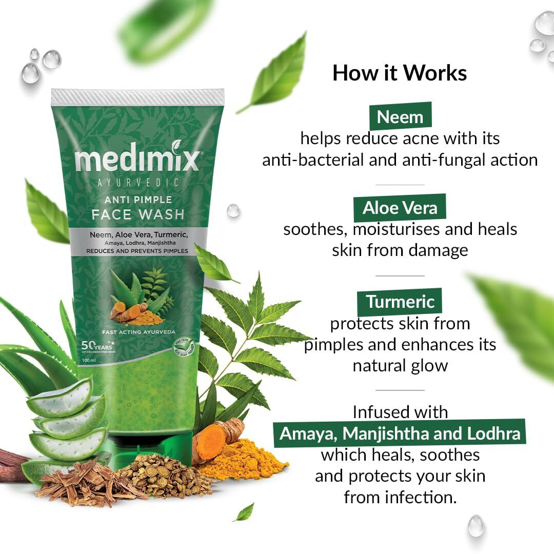 Medimix Ayurvedic Anti Pimple Face Wash 100Ml (Combo Pack Of 3) | With Neem, Aloe Vera, And Turmeric | Helps Reduce & Prevent Pimples | Natural | Herbal | Paraben-Free | Soap-Free | Sles-Free
