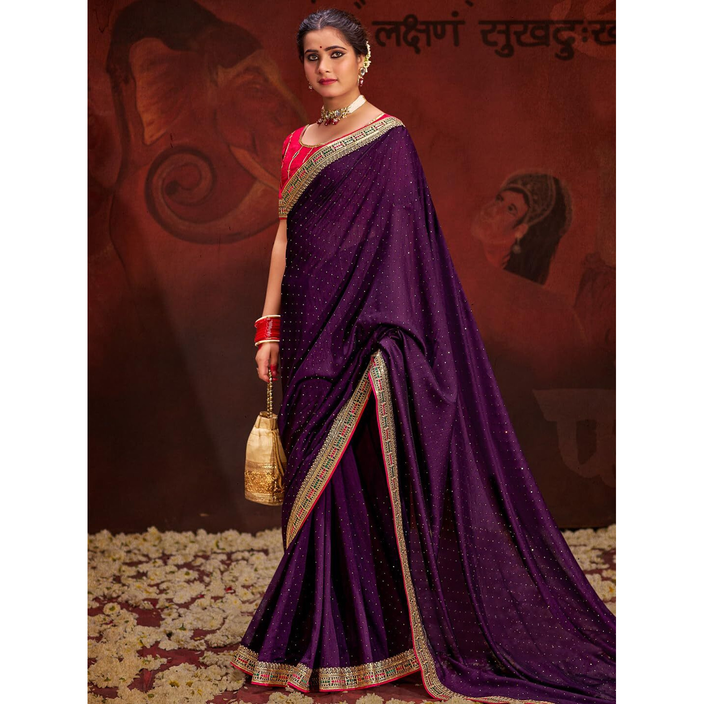Saree Mall Women's Purple Vichitra Silk Embroidered Saree With Unstitched Blouse Piece(Ayushi4009_Sum)