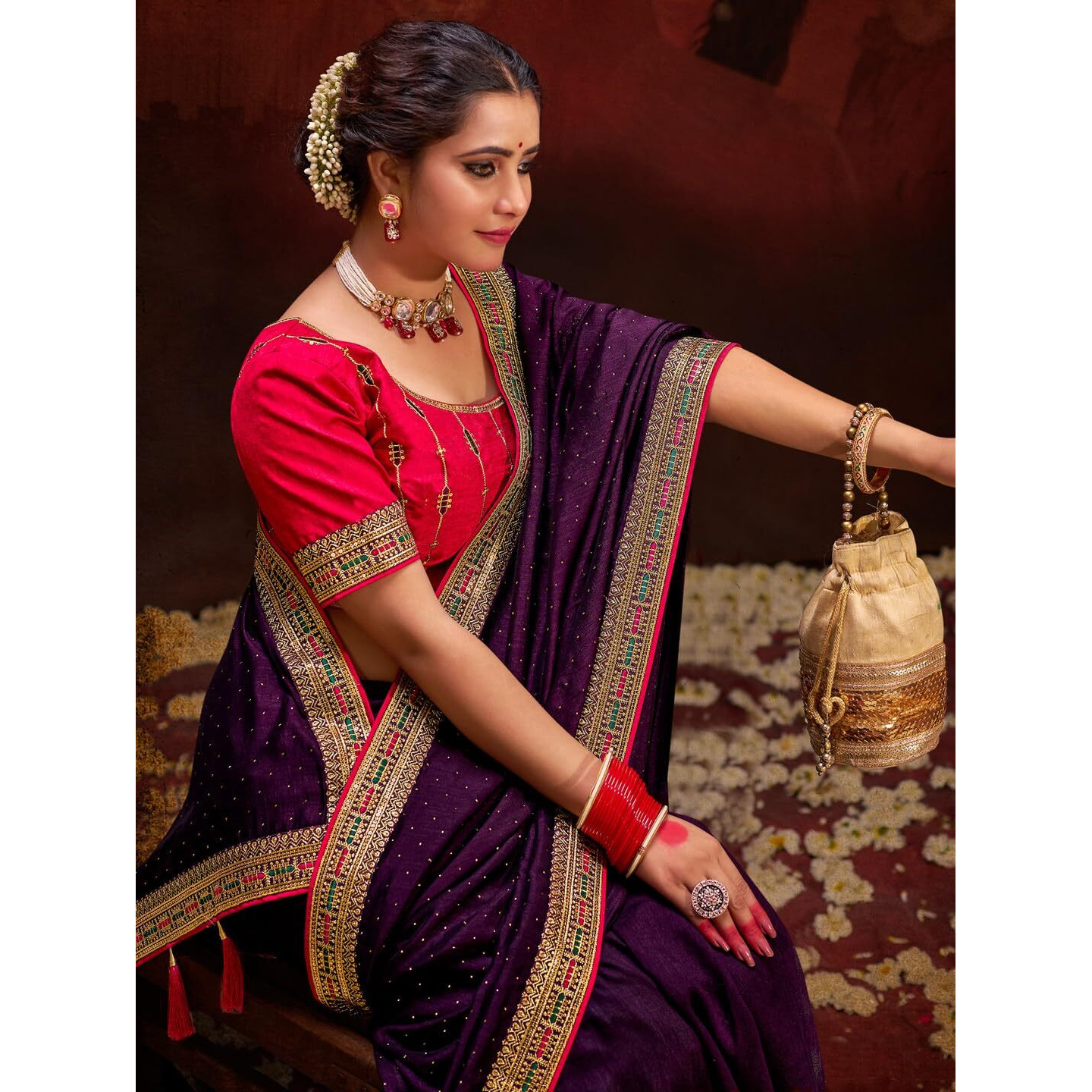 Saree Mall Women's Purple Vichitra Silk Embroidered Saree With Unstitched Blouse Piece(Ayushi4009_Sum)