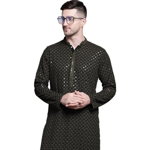 Jompers Mens Sequin Embroidered Pure Cotton Kurtas (Mehndi, S)