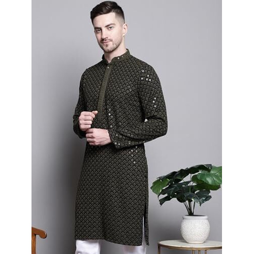 Jompers Mens Sequin Embroidered Pure Cotton Kurtas (Mehndi, S)