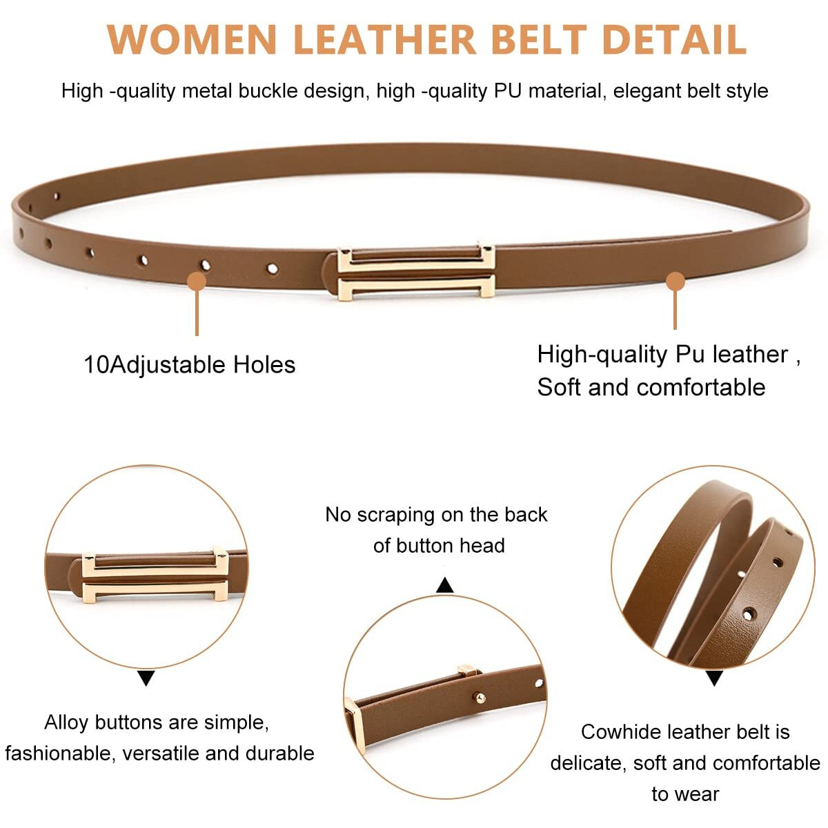 Palay Fashion Belt For Women, Pu Leather Belts For Women, Stylish Simple Metal Buckle Waist Belt For Dress Blouse Blazer, Brown