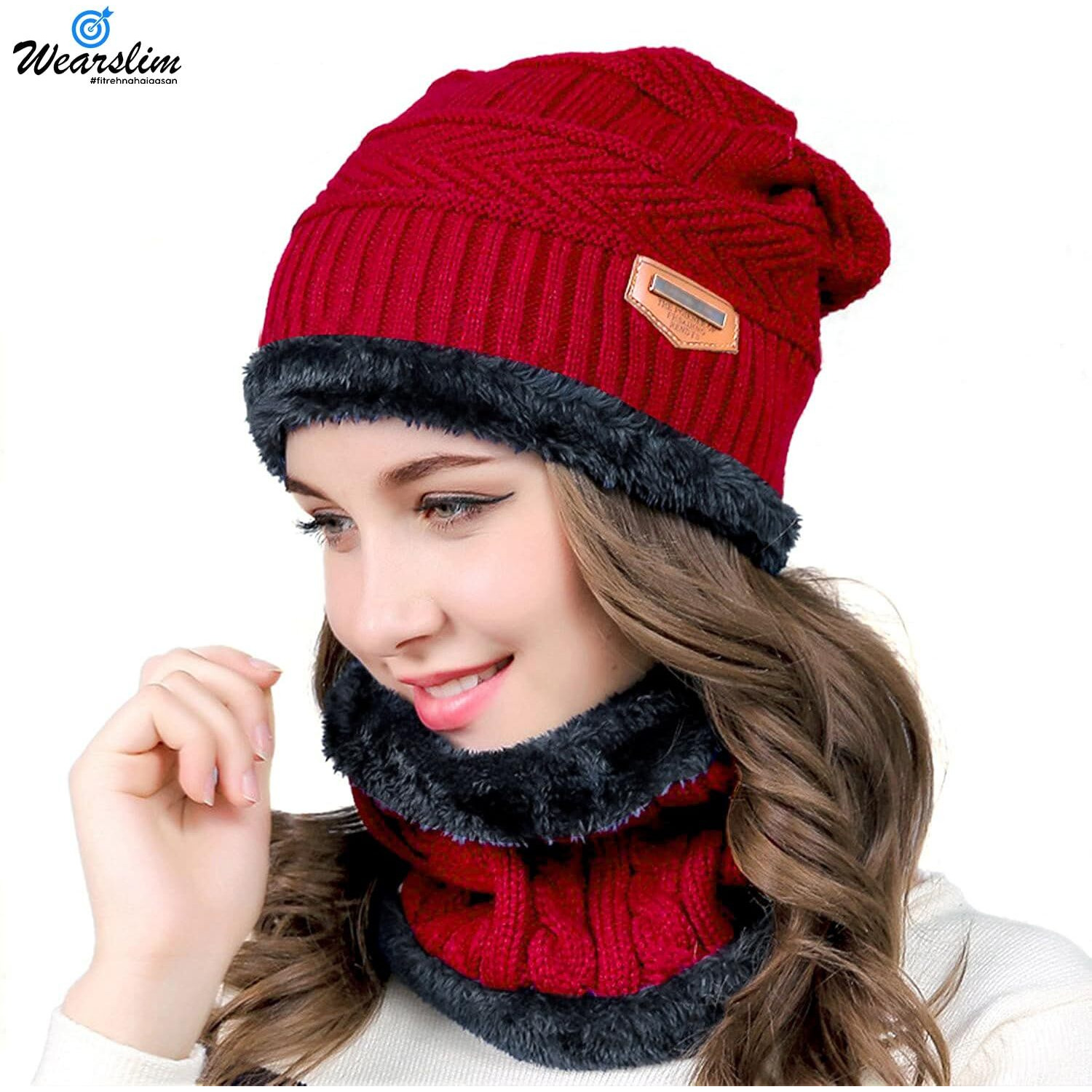 Wearslim Wool Winter Casual Style Beanie Hats Scarf Gloves Set, Winter Warm Knit Skull Cap With Gloves, Neck Warmer For Men Women-Red, Free Size