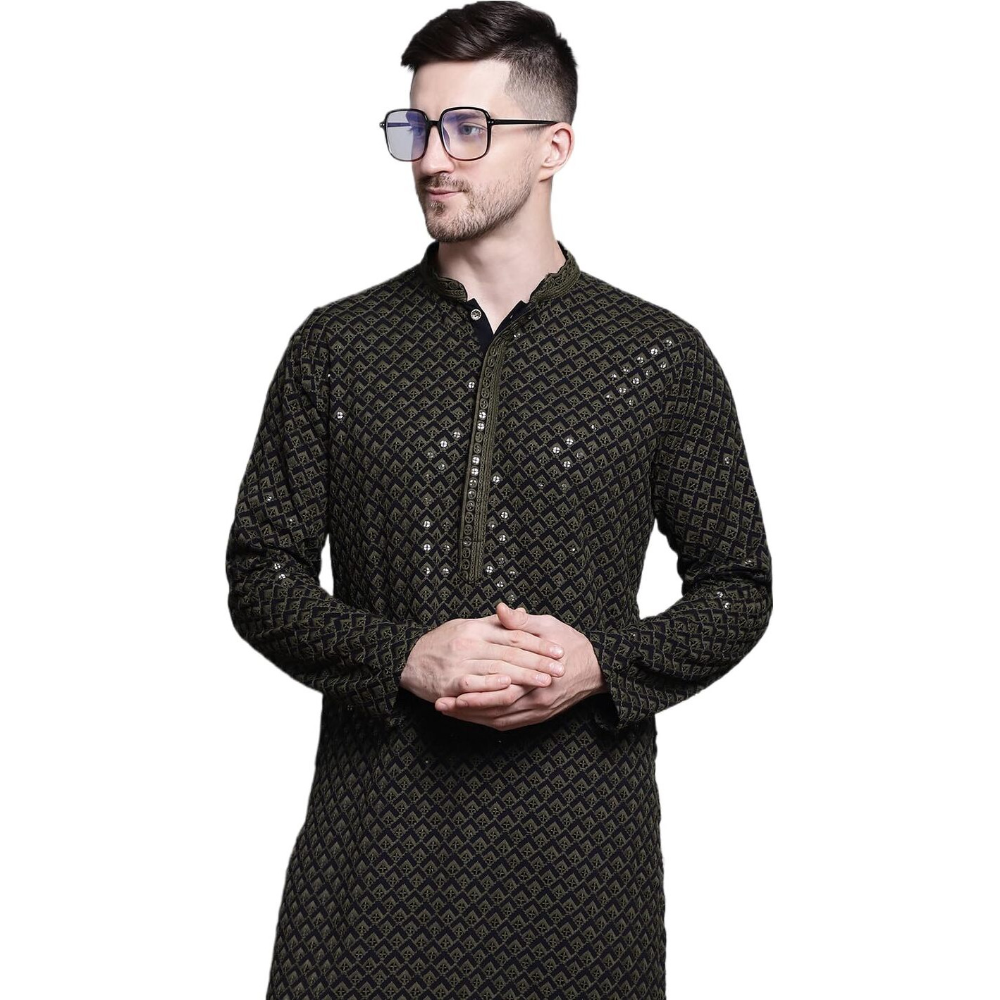 Jompers Mens Sequin Embroidered Pure Cotton Kurtas (Mehndi, Xl)