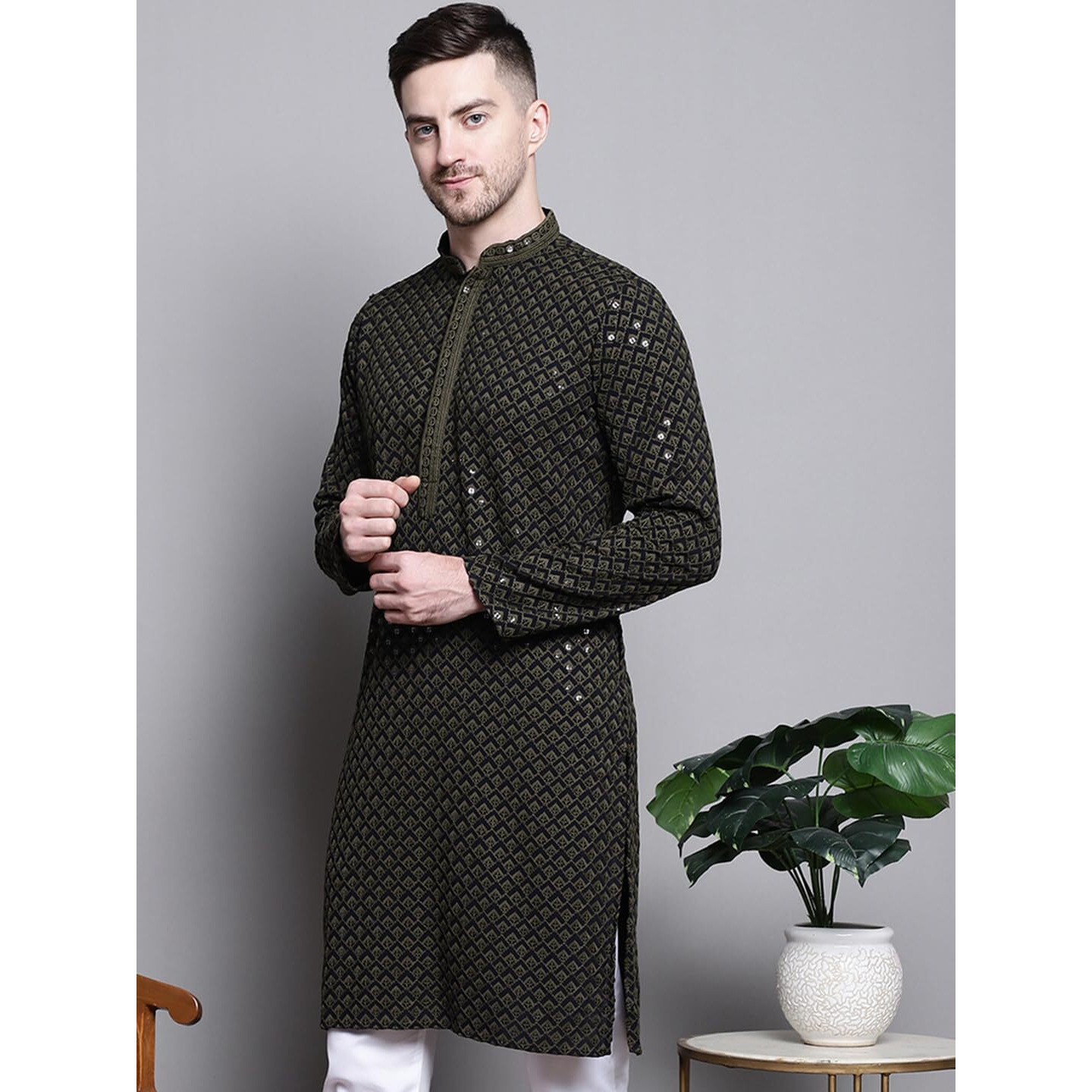 Jompers Mens Sequin Embroidered Pure Cotton Kurtas (Mehndi, Xl)