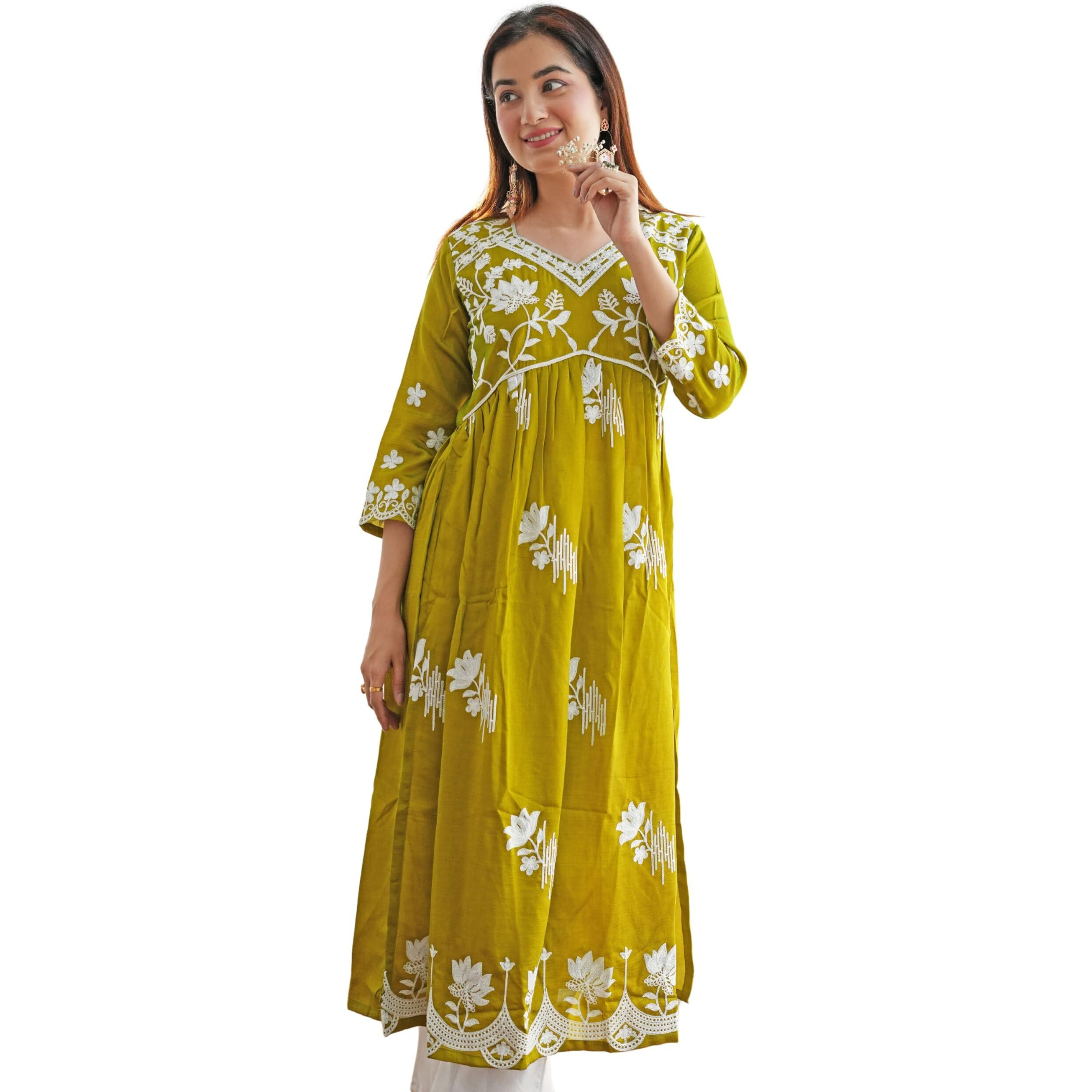 Ethnicjunction Women's Chikankari Embroidered Naira Cut Kurta Mehendi