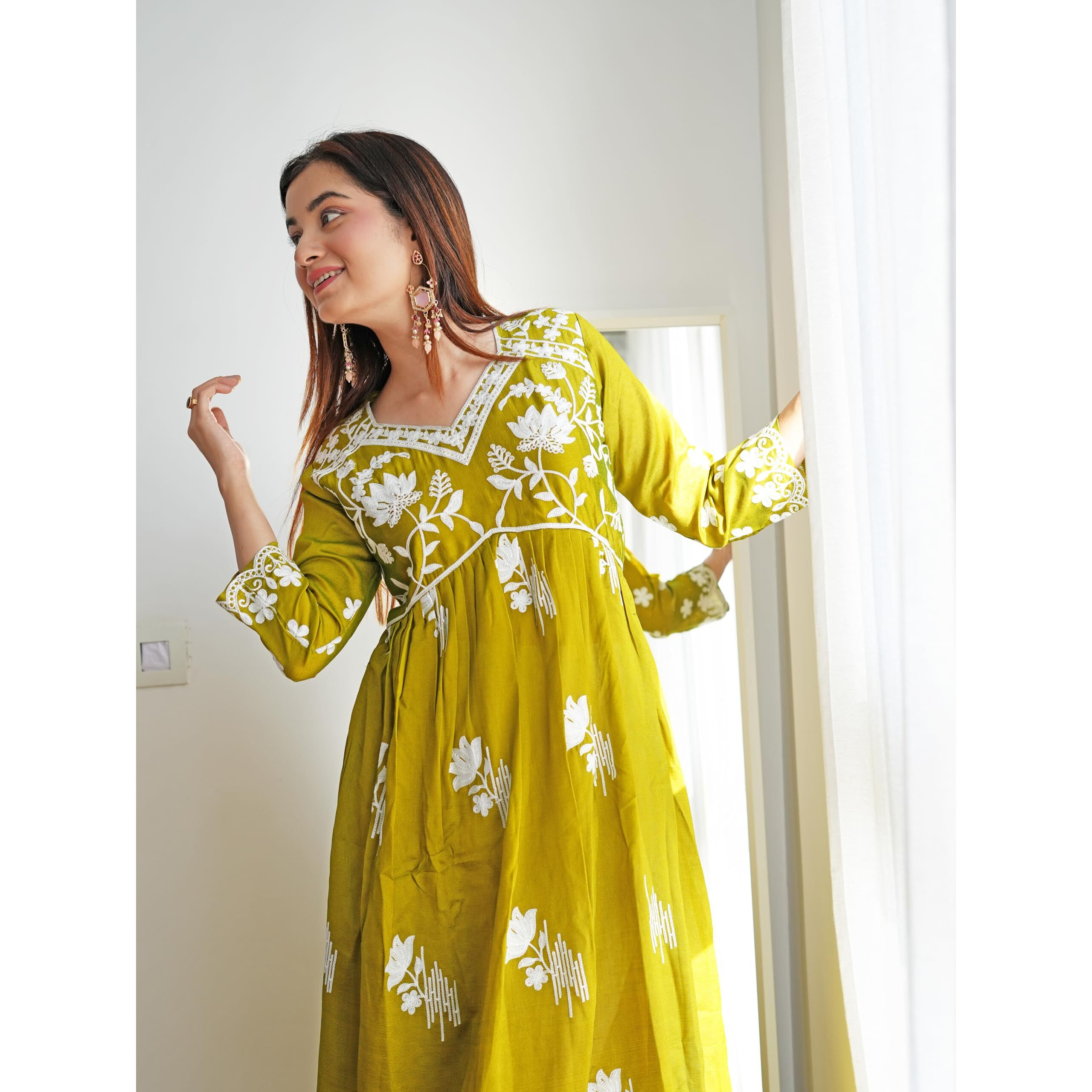 Ethnicjunction Women's Chikankari Embroidered Naira Cut Kurta Mehendi
