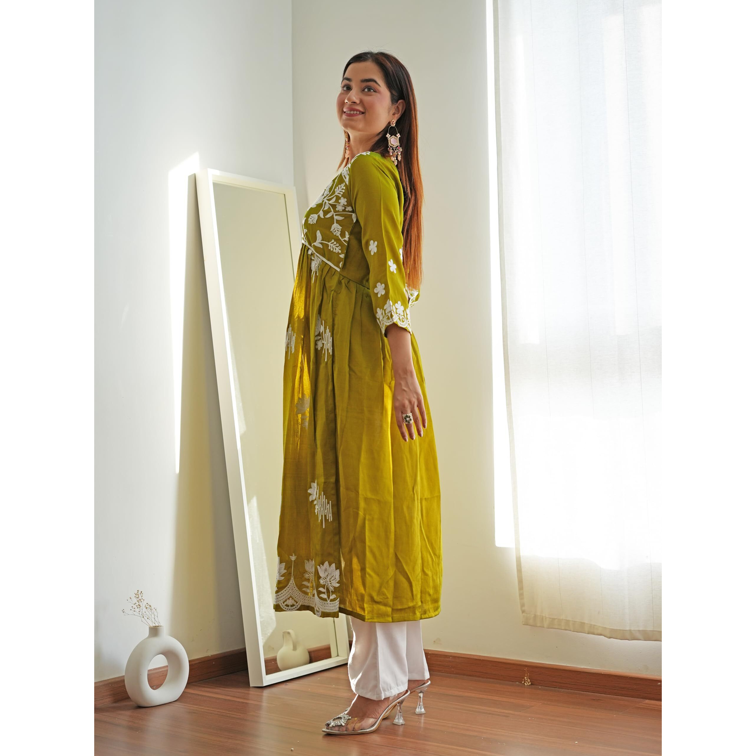 Ethnicjunction Women's Chikankari Embroidered Naira Cut Kurta Mehendi