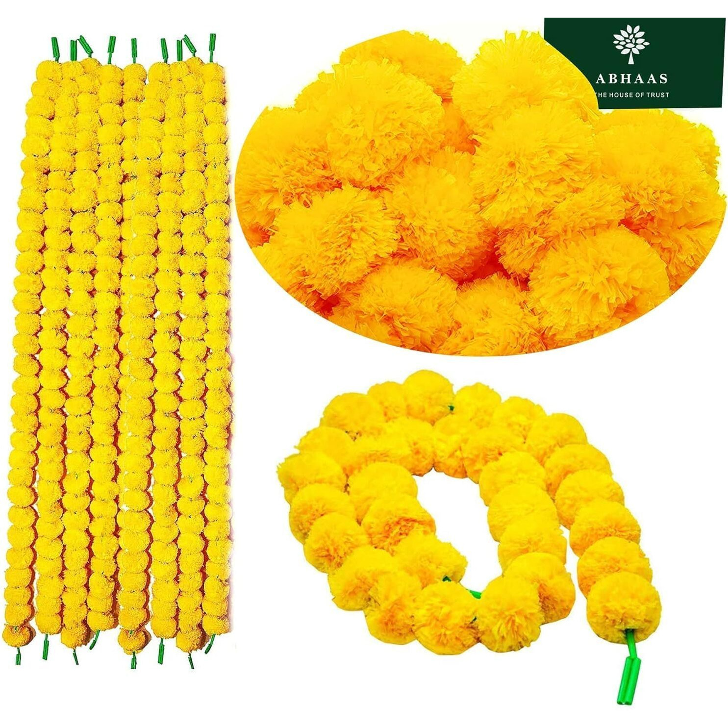 Abhaas Pack Of 10 Artificial Marigold Flowers For Decoration Long Marigold Garlands Fluffy Flowers Toran Indian Genda Phool For Wedding&Festival,Diwali /4.5-4.9 Ft /10 Pc/Yellow,6 Cm