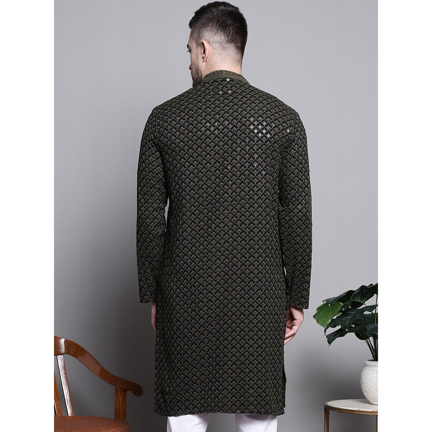 Jompers Mens Sequin Embroidered Pure Cotton Kurtas (Mehndi, L)