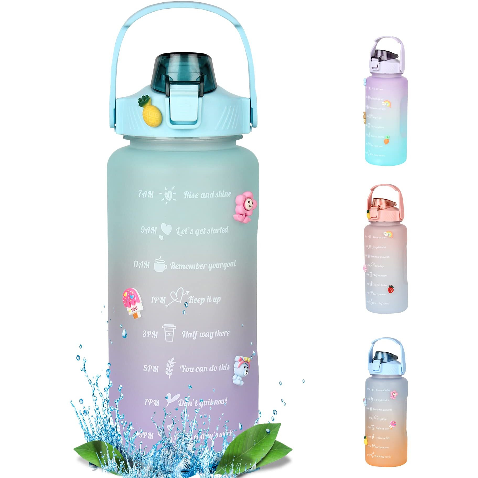 House Of Quirk Plastic 2 Litre 3D Sticker Water Bottle With Straw,Unbreakable Sports Water Bottles With Handle,Leak Proof For Gym Fitness Outdoor Sports - Blue/Purple, 2 Liter