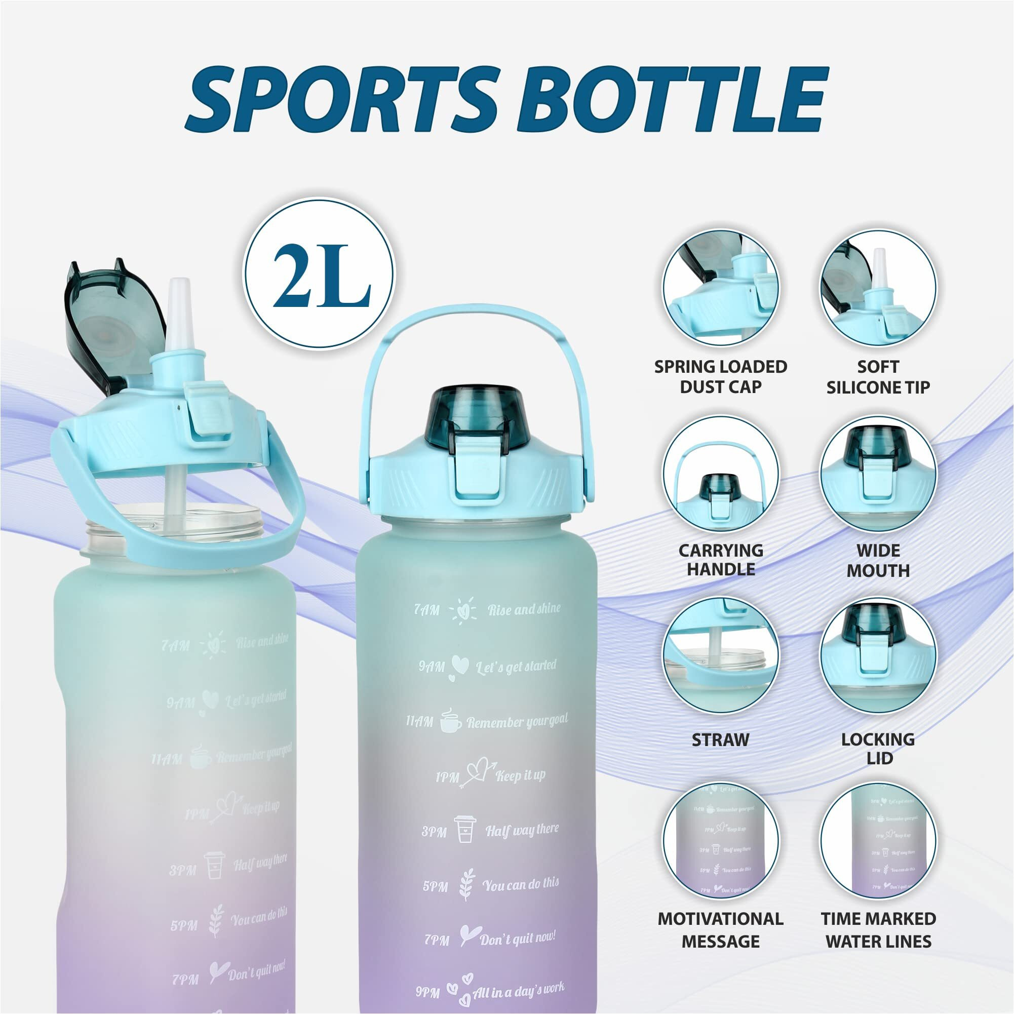 House Of Quirk Plastic 2 Litre 3D Sticker Water Bottle With Straw,Unbreakable Sports Water Bottles With Handle,Leak Proof For Gym Fitness Outdoor Sports - Blue/Purple, 2 Liter
