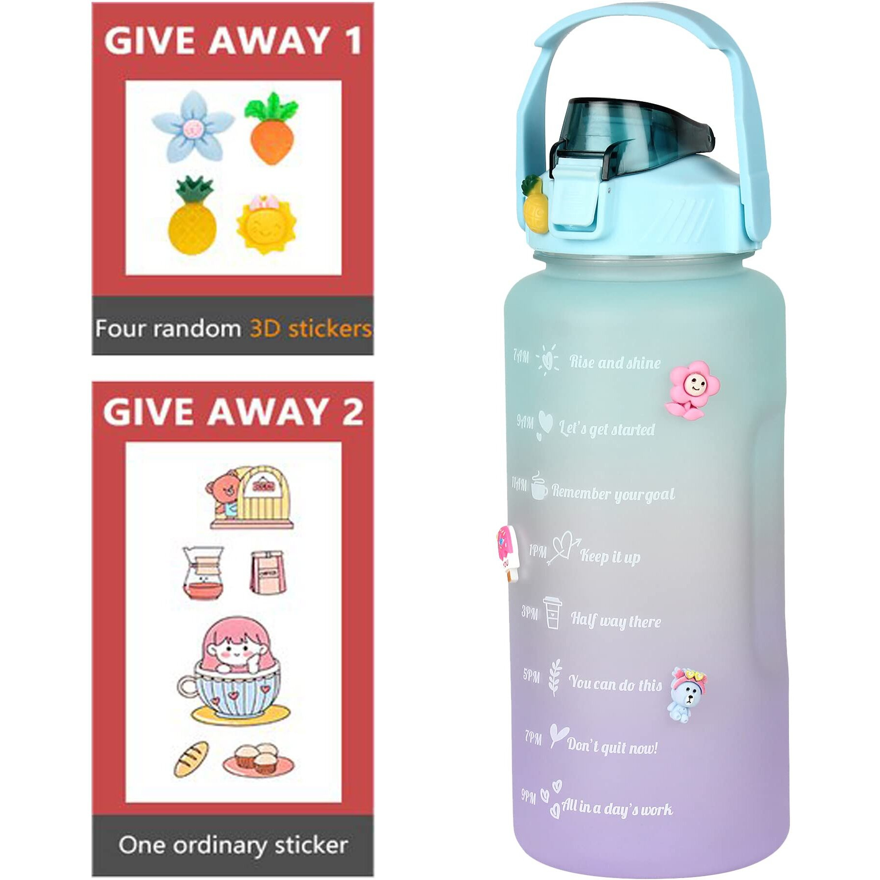 House Of Quirk Plastic 2 Litre 3D Sticker Water Bottle With Straw,Unbreakable Sports Water Bottles With Handle,Leak Proof For Gym Fitness Outdoor Sports - Blue/Purple, 2 Liter