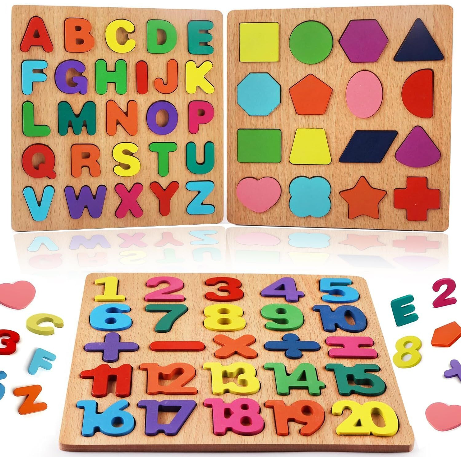Fat Brain Toys Colorful Wooden Puzzle Set Featuring 3D Capital Alphabets, Numbers, And Shapes| Abcd Puzzle Set | Learning Educational Board For Kids (Alphabets, Numbers & Shapes)