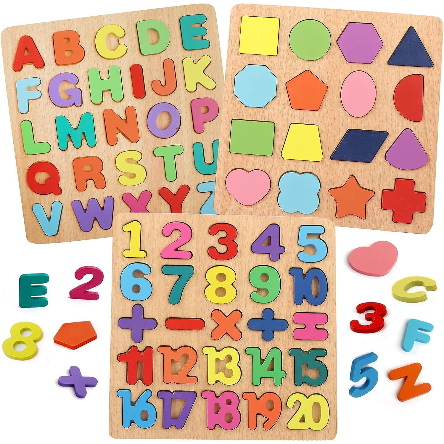 Fat Brain Toys Colorful Wooden Puzzle Set Featuring 3D Capital Alphabets, Numbers, And Shapes| Abcd Puzzle Set | Learning Educational Board For Kids (Alphabets, Numbers & Shapes)