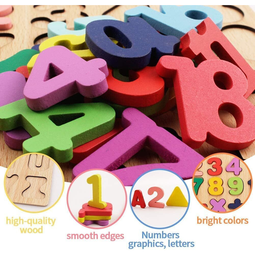 Fat Brain Toys Colorful Wooden Puzzle Set Featuring 3D Capital Alphabets, Numbers, And Shapes| Abcd Puzzle Set | Learning Educational Board For Kids (Alphabets, Numbers & Shapes)