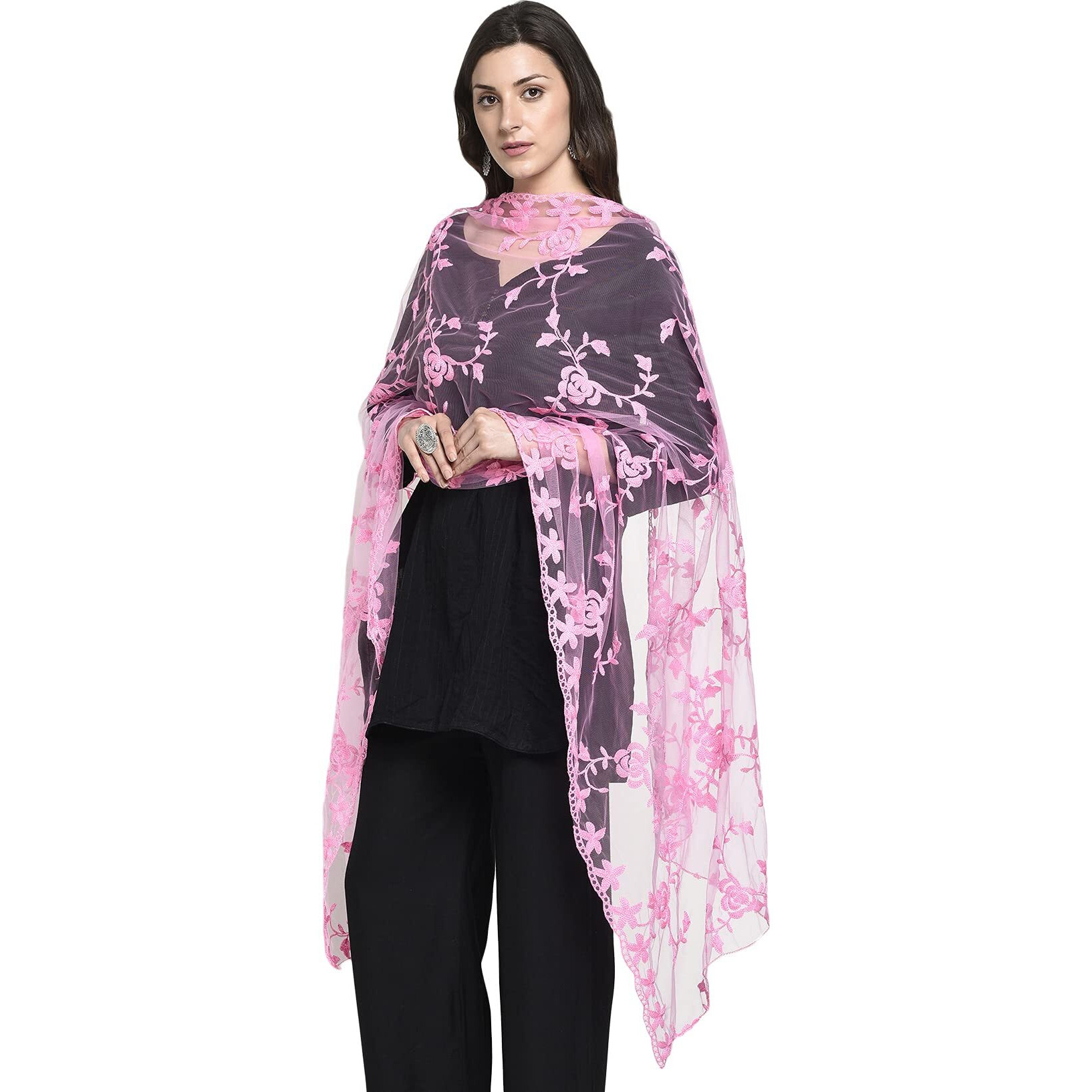 Hari Madhav Design Women's Nylon Net Embroidered Dupatta (Pink), 2.20 Mtrs