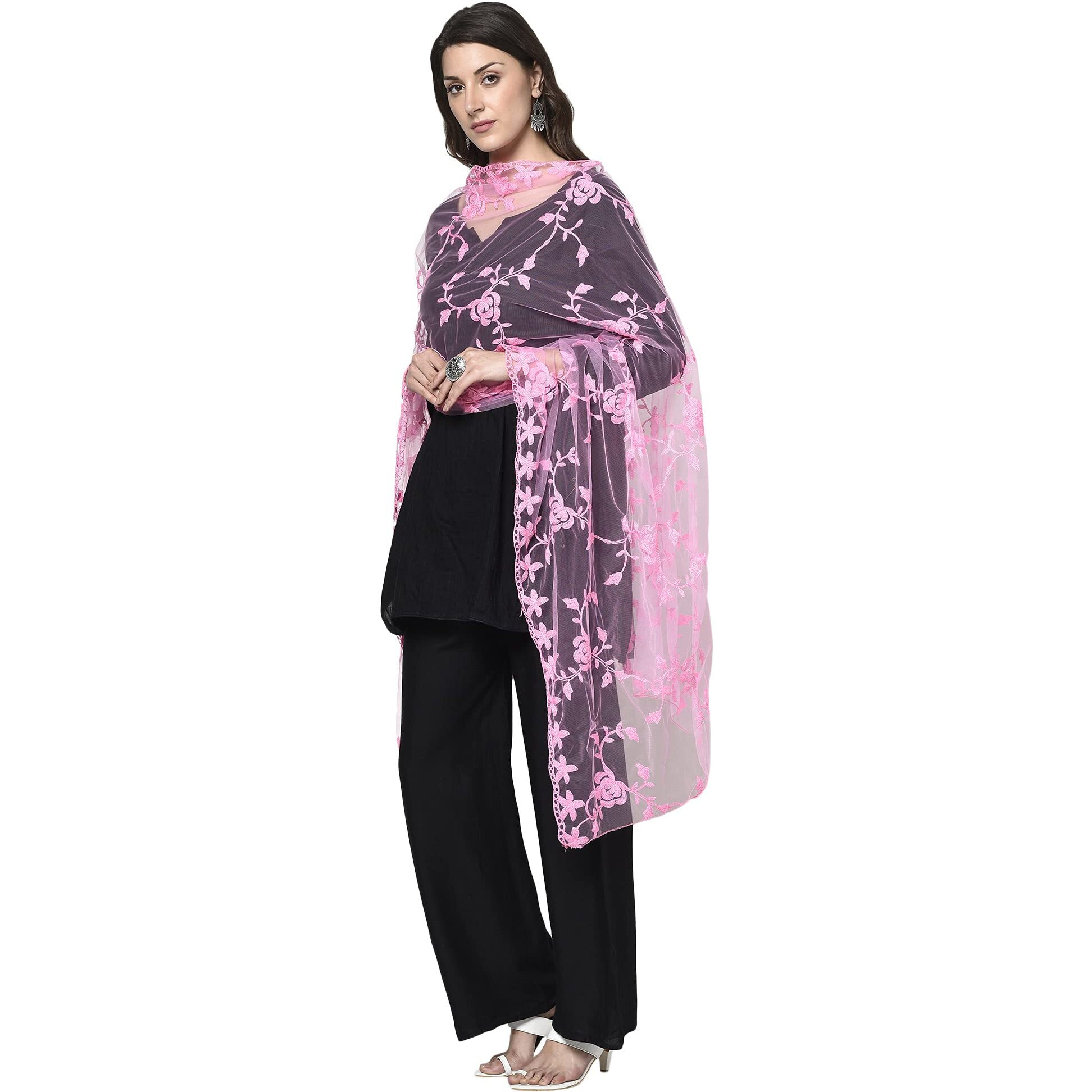 Hari Madhav Design Women's Nylon Net Embroidered Dupatta (Pink), 2.20 Mtrs