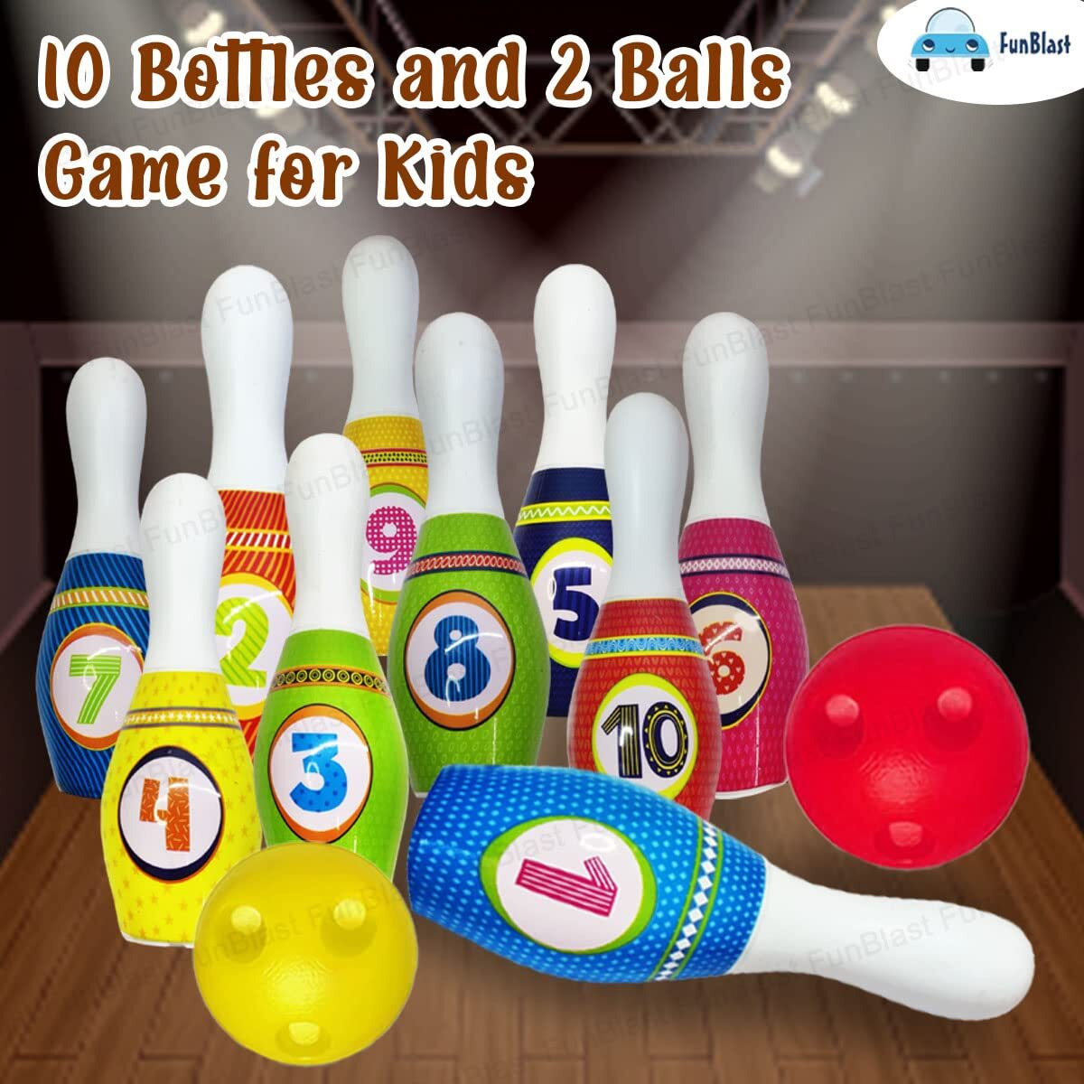 Funblast Kids Bowling Play Set Toys - Cartoon Design Plastic Bowling Toy Set With 10 Bottles And 2 Balls Game For Kids, Indoor & Outdoor Sports Games For Kids/Boys (Multicolor)