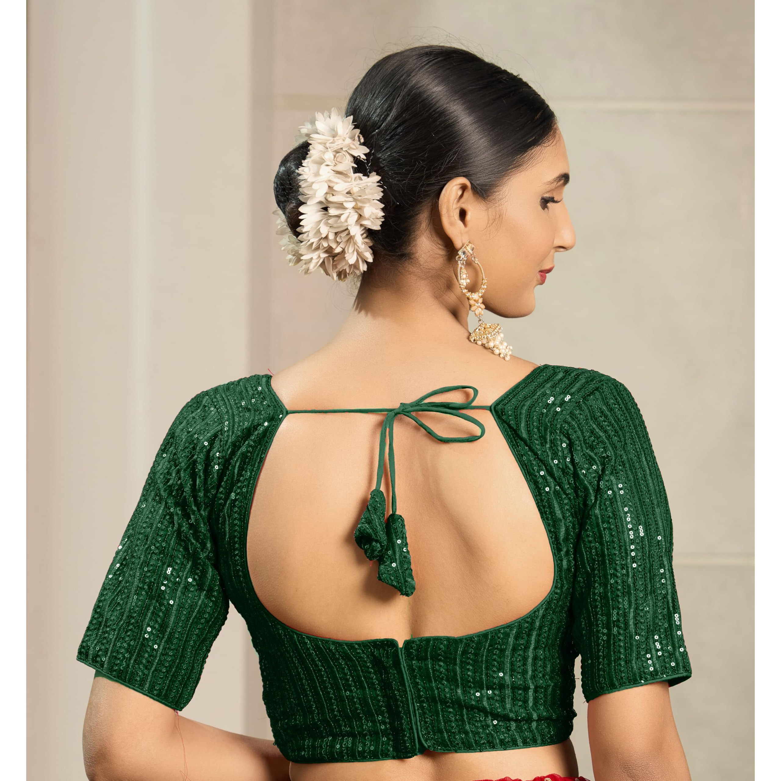 Pujia Mills Women's Indian Ethnic Wear Designer Silver Sequence With Matching Embroidered Work V Neck Half Sleeve Readymade Padded Saree Blouse Readymade Unique Green Color Saree Blouse