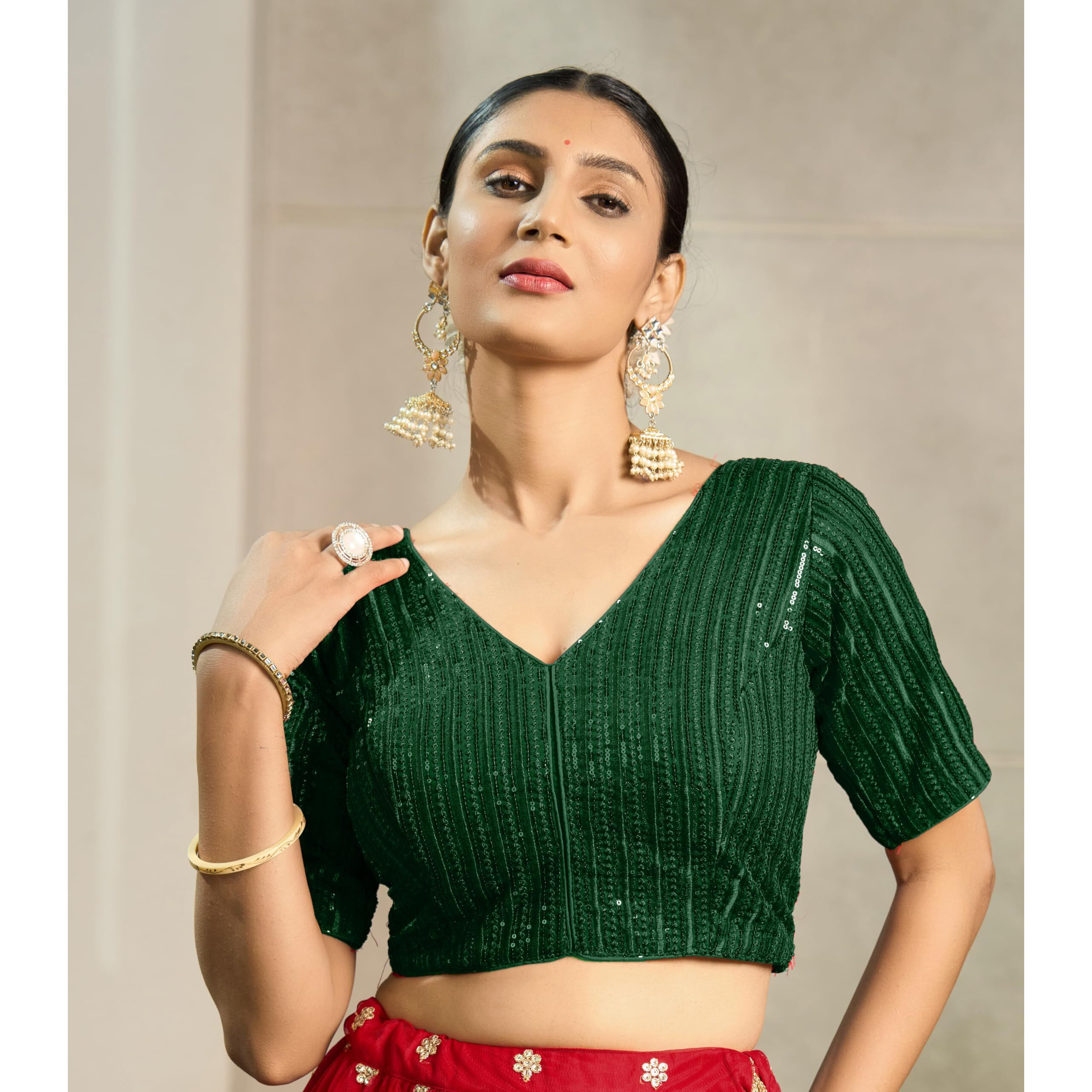 Pujia Mills Women's Indian Ethnic Wear Designer Silver Sequence With Matching Embroidered Work V Neck Half Sleeve Readymade Padded Saree Blouse Readymade Unique Green Color Saree Blouse
