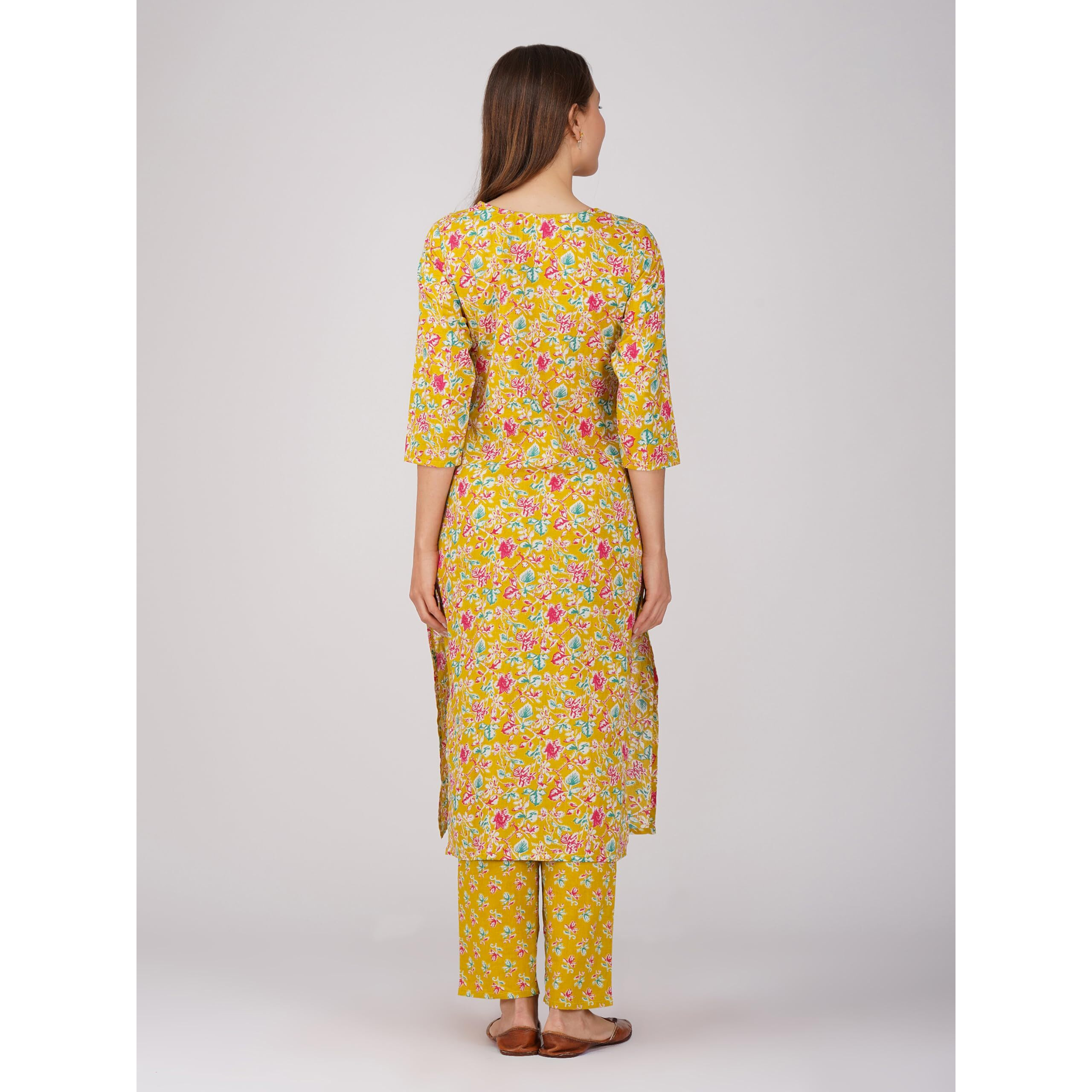 Amayra Women's Cotton Embroidered Straight Kurta With Pant And Dupatta Set(Tck551,Yellow,S)