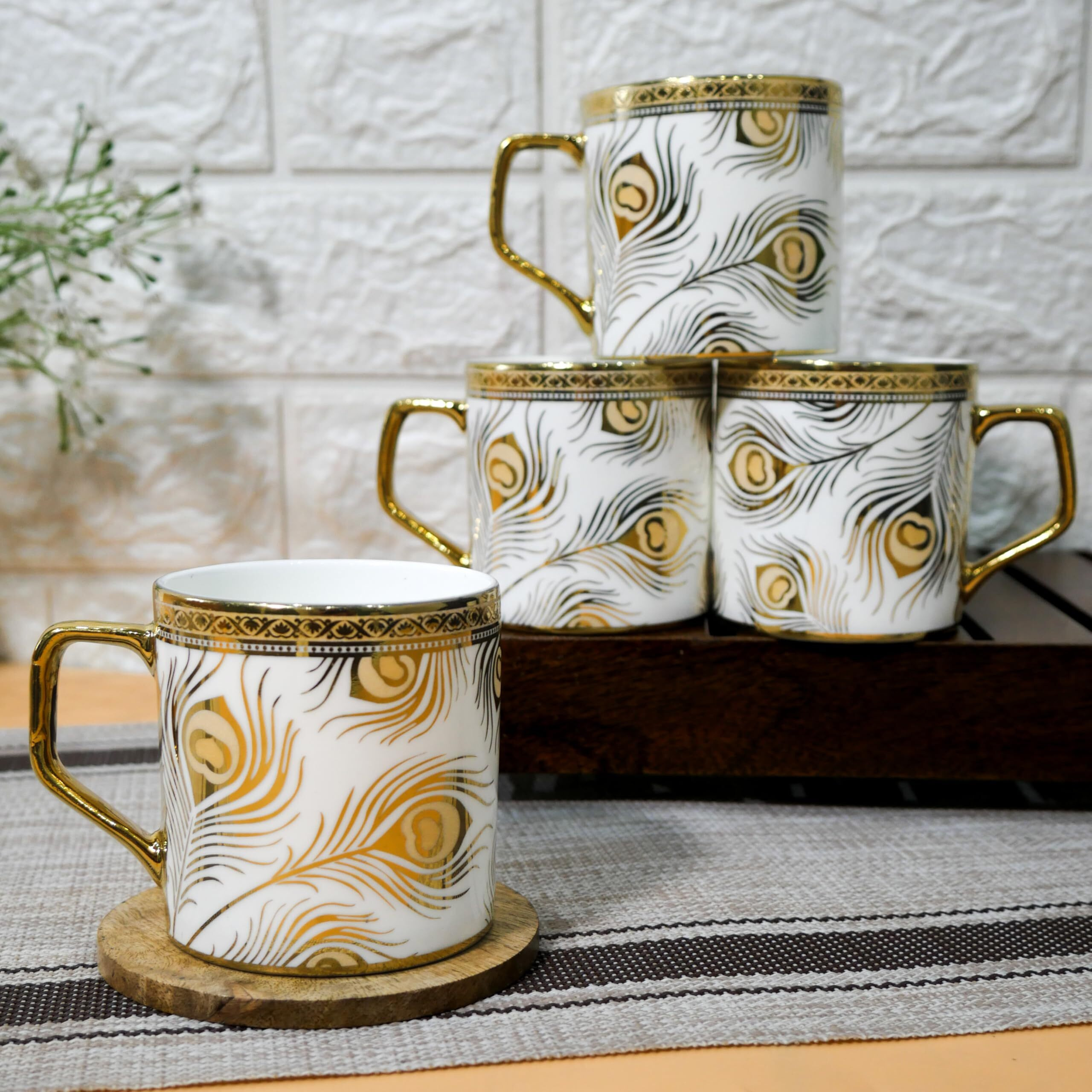 Femora Premium Golden Peacock Feather Pattern Design Ceramic Coffee & Tea Cup Set Of 4, 180 Ml