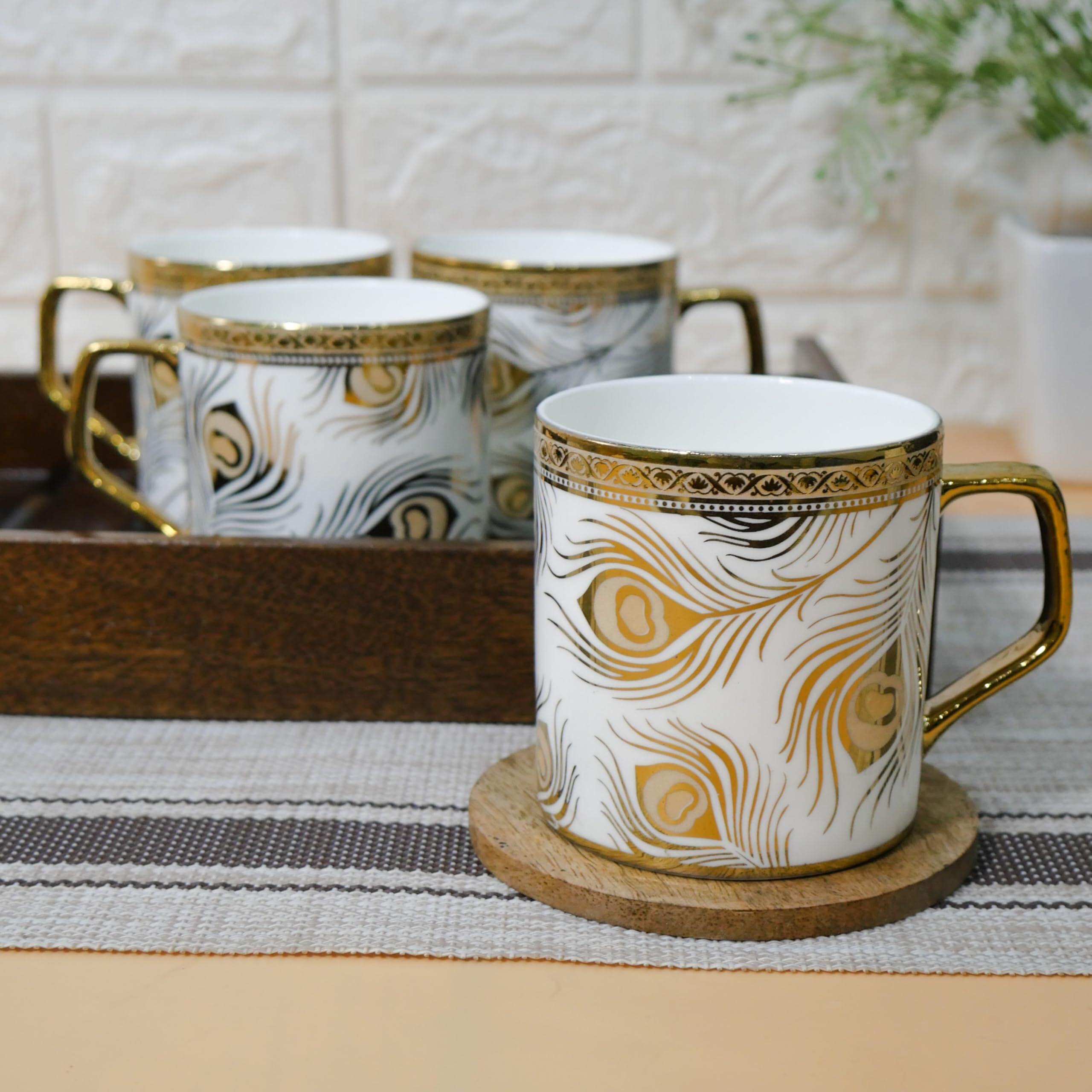 Femora Premium Golden Peacock Feather Pattern Design Ceramic Coffee & Tea Cup Set Of 4, 180 Ml