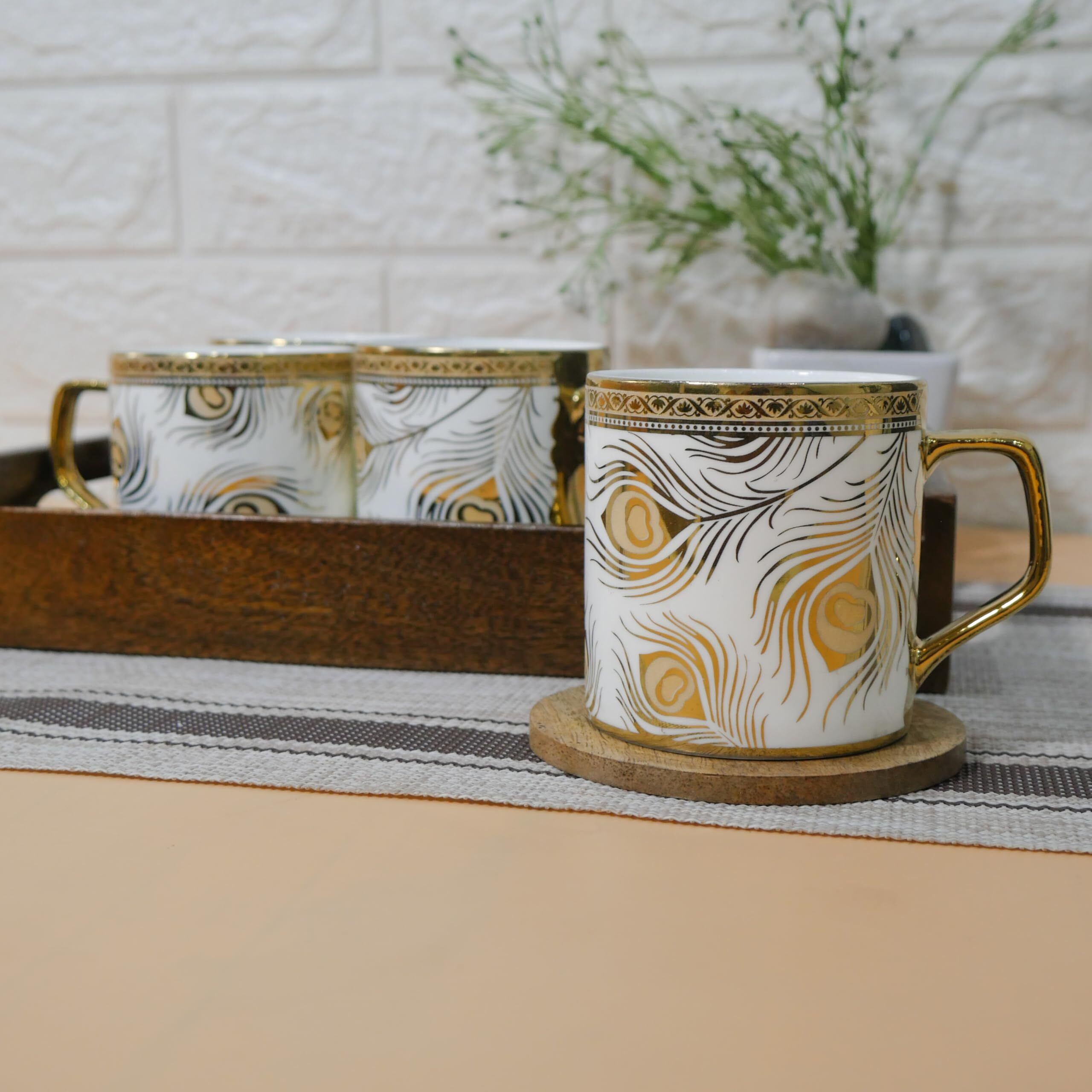 Femora Premium Golden Peacock Feather Pattern Design Ceramic Coffee & Tea Cup Set Of 4, 180 Ml