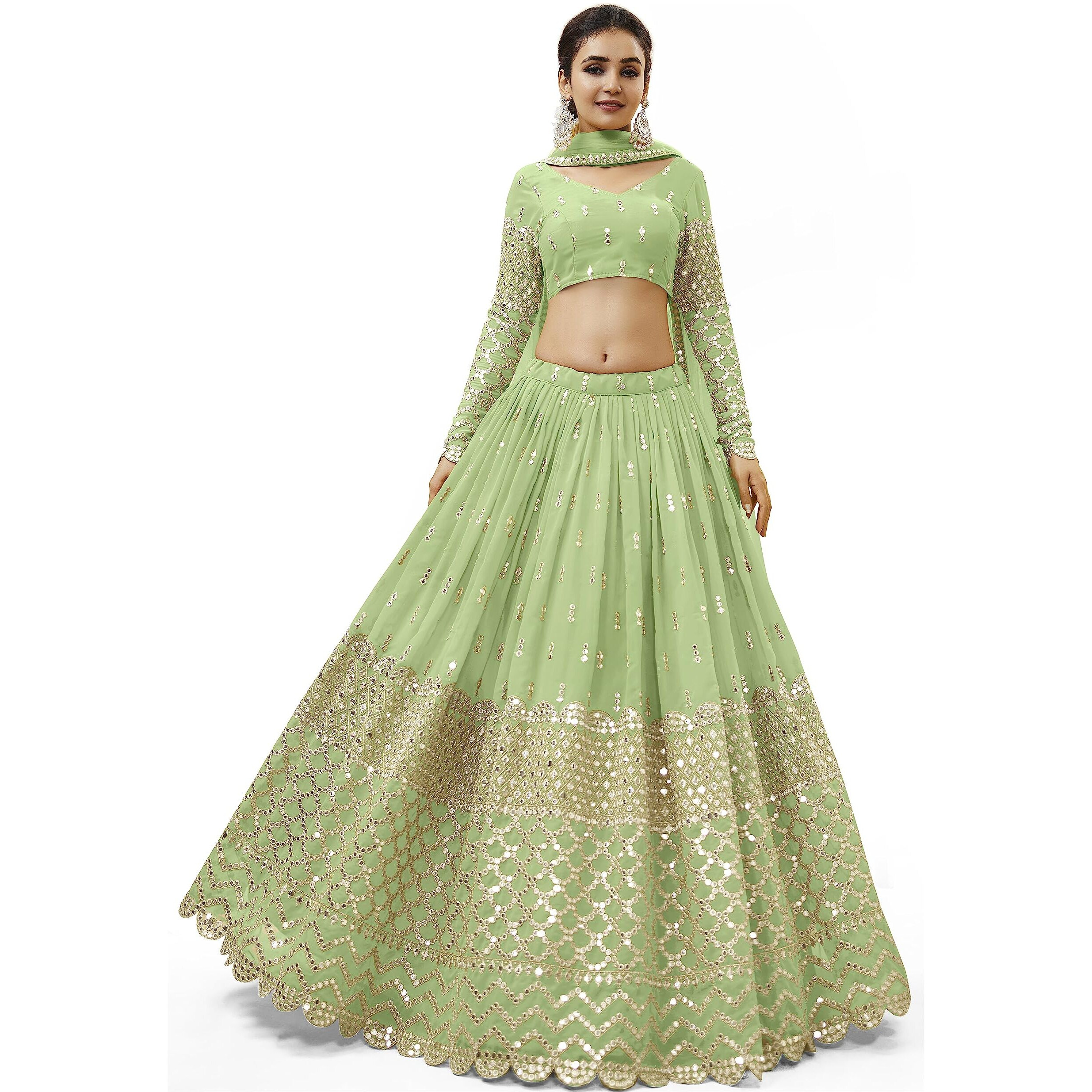 Zeel Clothing Women's Sequins Zari Embroidered Georgette Semi Stitched Lehenga Choli With Dupatta (311-Pista-Wedding-Bridal-Latest-New Free Size) (Pista)