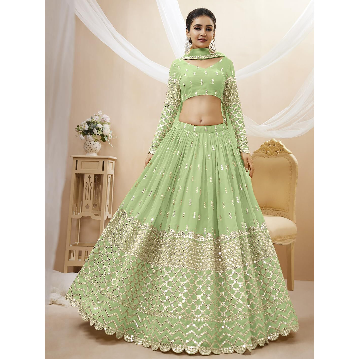 Zeel Clothing Women's Sequins Zari Embroidered Georgette Semi Stitched Lehenga Choli With Dupatta (311-Pista-Wedding-Bridal-Latest-New Free Size) (Pista)