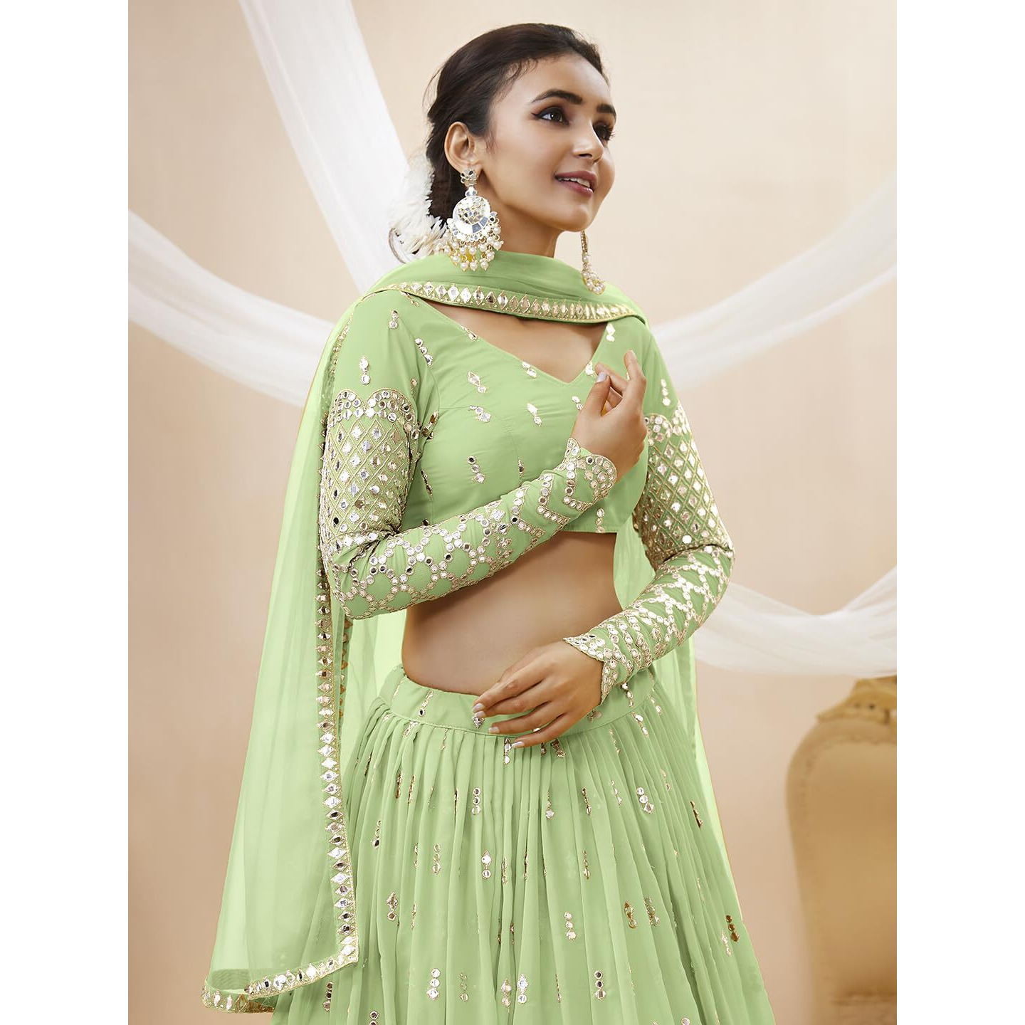 Zeel Clothing Women's Sequins Zari Embroidered Georgette Semi Stitched Lehenga Choli With Dupatta (311-Pista-Wedding-Bridal-Latest-New Free Size) (Pista)