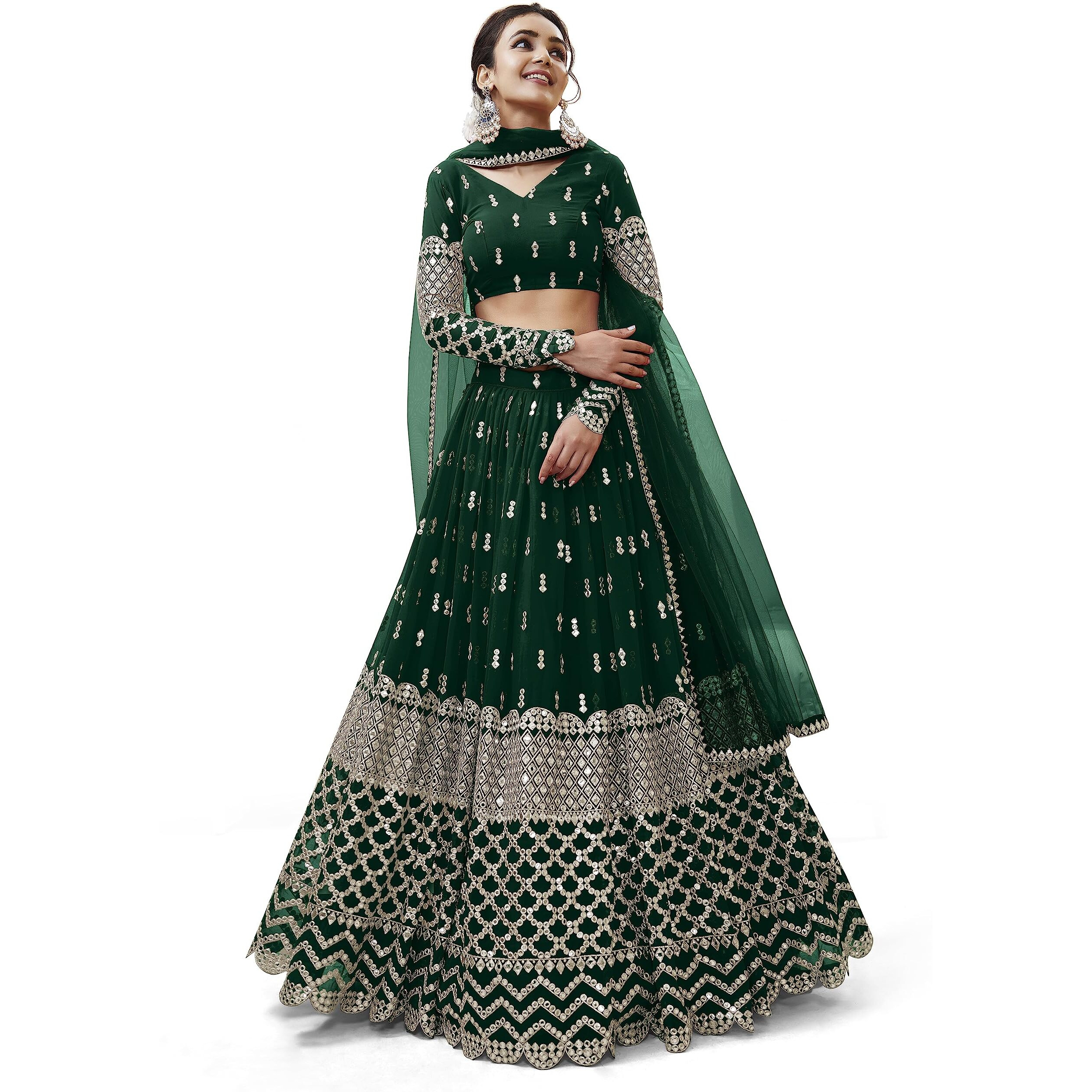 Zeel Clothing Women's Sequins Zari Embroidered Georgette Semi Stitched Lehenga Choli With Dupatta (308-Green-Wedding-Bridal-Latest-New Free Size) (Green)
