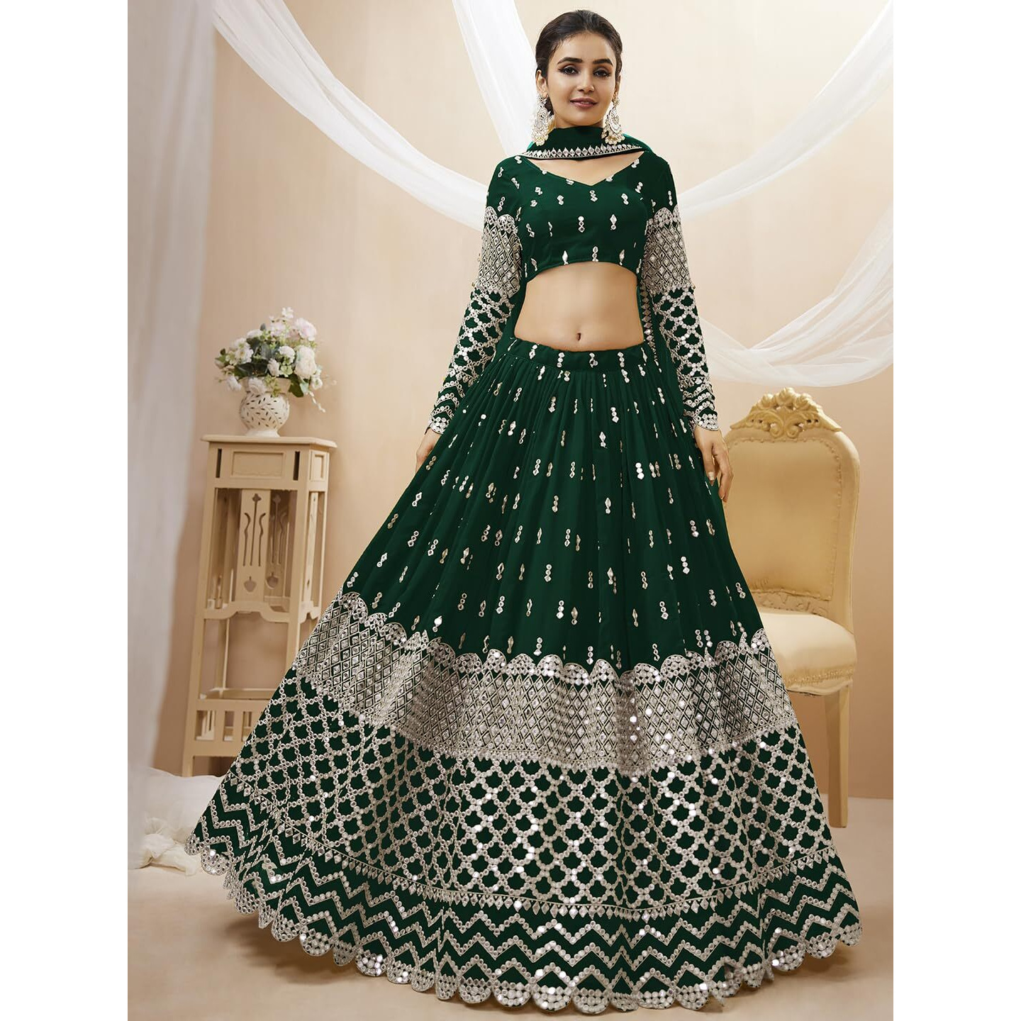Zeel Clothing Women's Sequins Zari Embroidered Georgette Semi Stitched Lehenga Choli With Dupatta (308-Green-Wedding-Bridal-Latest-New Free Size) (Green)