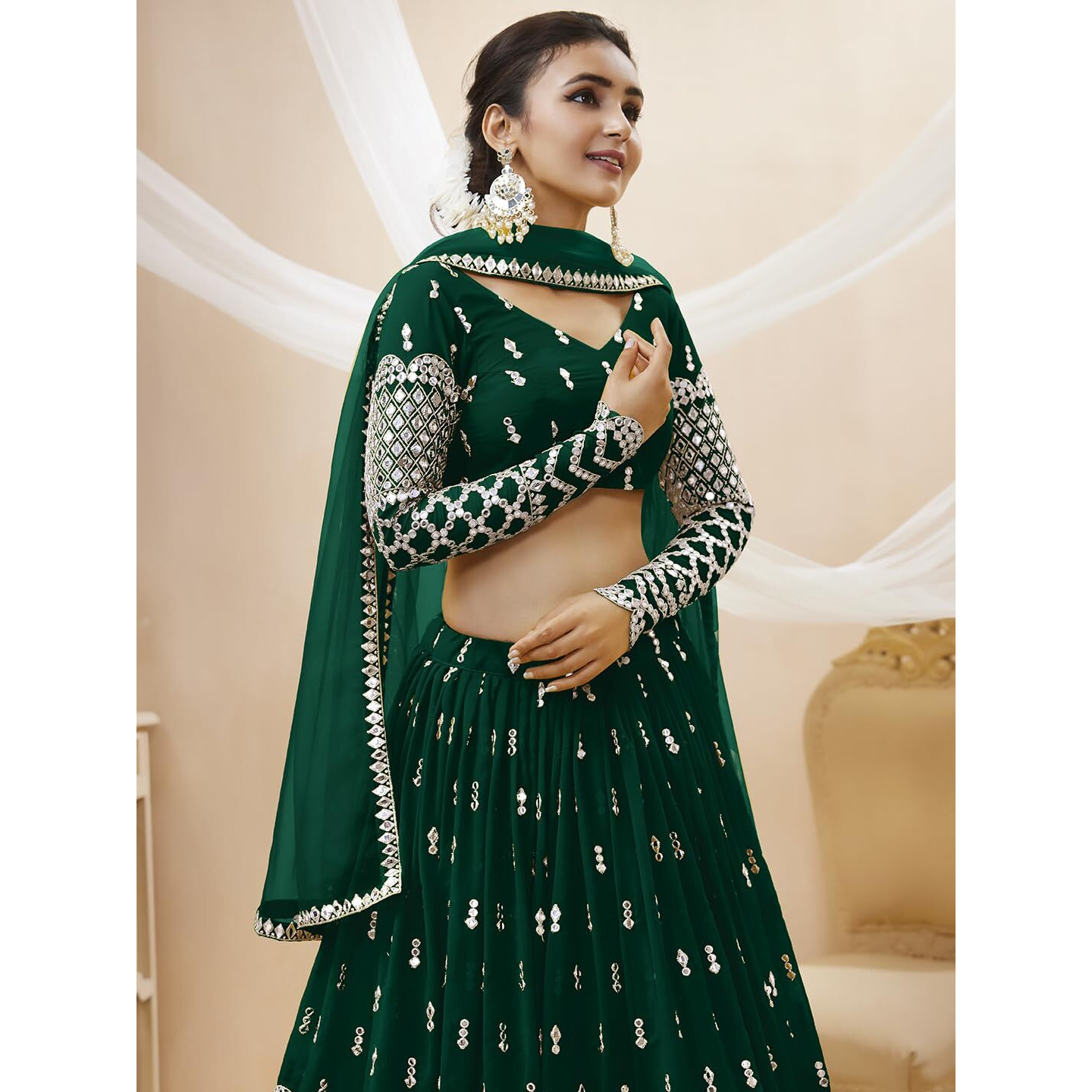 Zeel Clothing Women's Sequins Zari Embroidered Georgette Semi Stitched Lehenga Choli With Dupatta (308-Green-Wedding-Bridal-Latest-New Free Size) (Green)