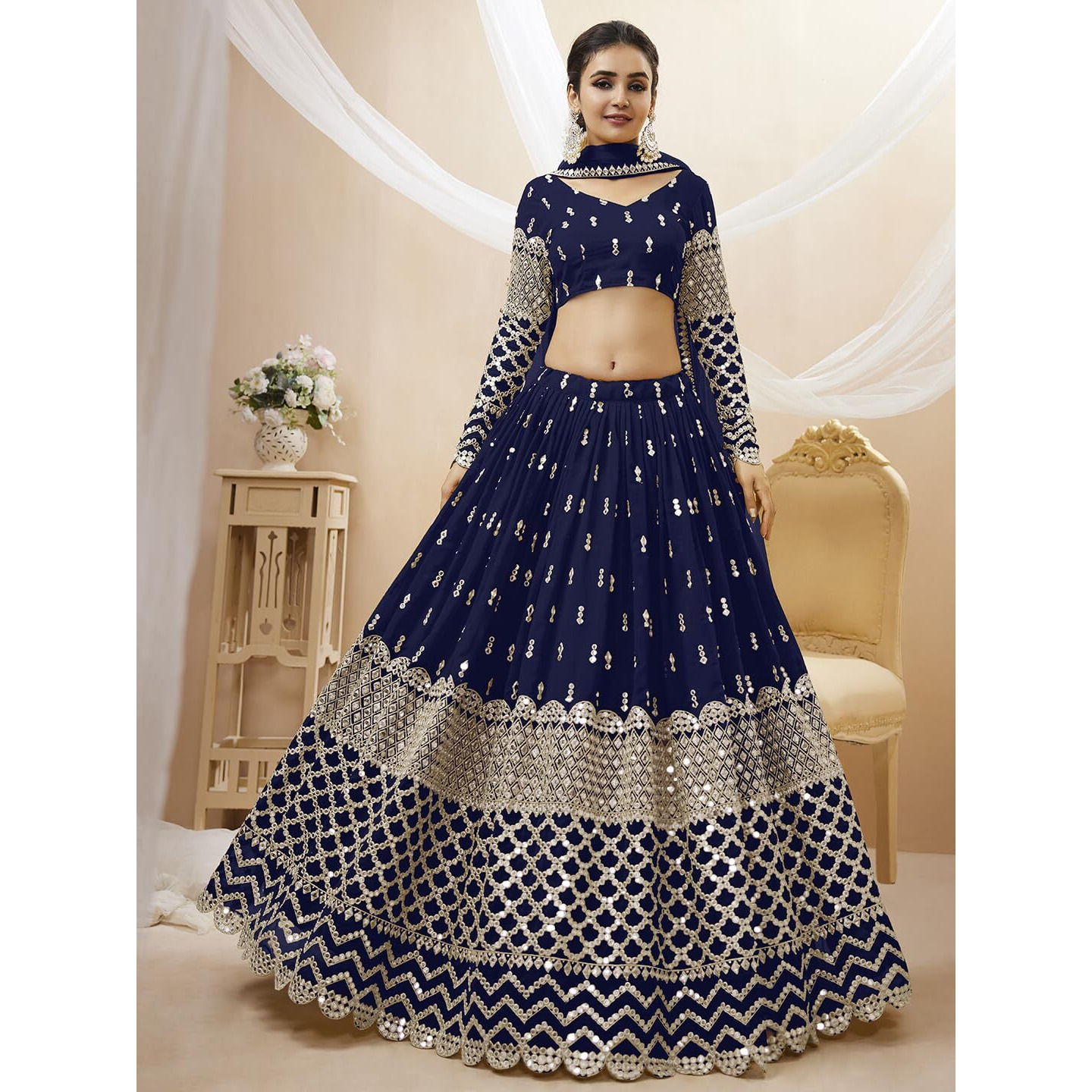 Zeel Clothing Women's Sequins Zari Embroidered Georgette Semi-Stitched Lehenga Choli With Dupatta (307-Navyblue-Wedding-Bridal-Latest-New Free Size) (Blue)
