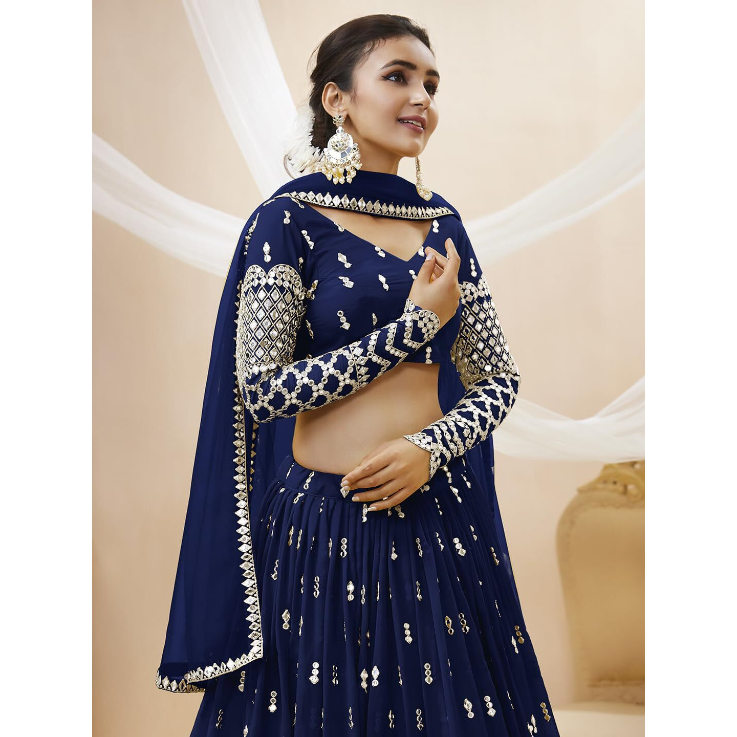 Zeel Clothing Women's Sequins Zari Embroidered Georgette Semi-Stitched Lehenga Choli With Dupatta (307-Navyblue-Wedding-Bridal-Latest-New Free Size) (Blue)