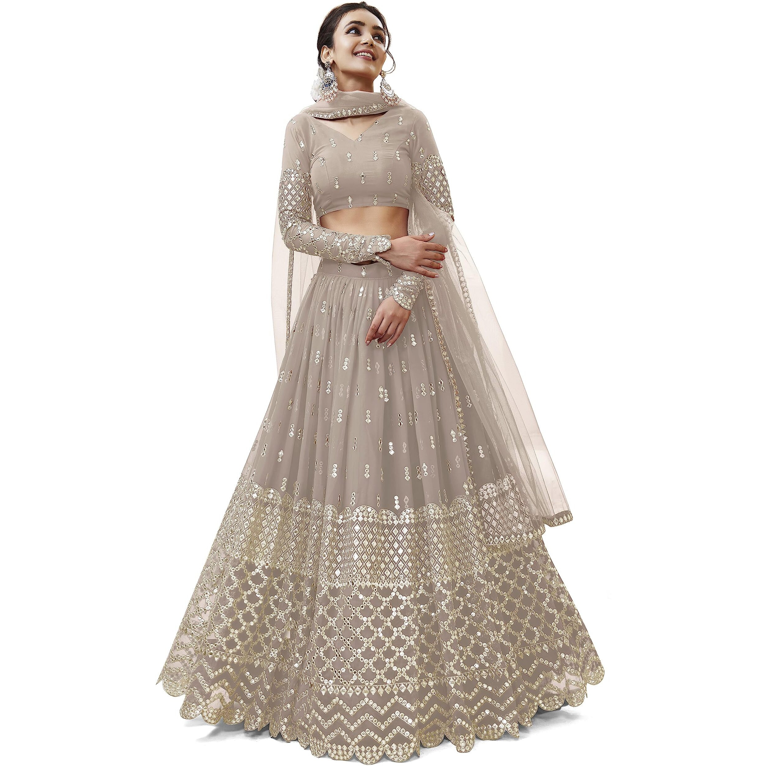 Zeel Clothing Women's Sequins Zari Embroidered Georgette Semi Stitched Lehenga Choli With Dupatta (302-Grey-Wedding-Bridal-Latest-New Free Size) (Grey)