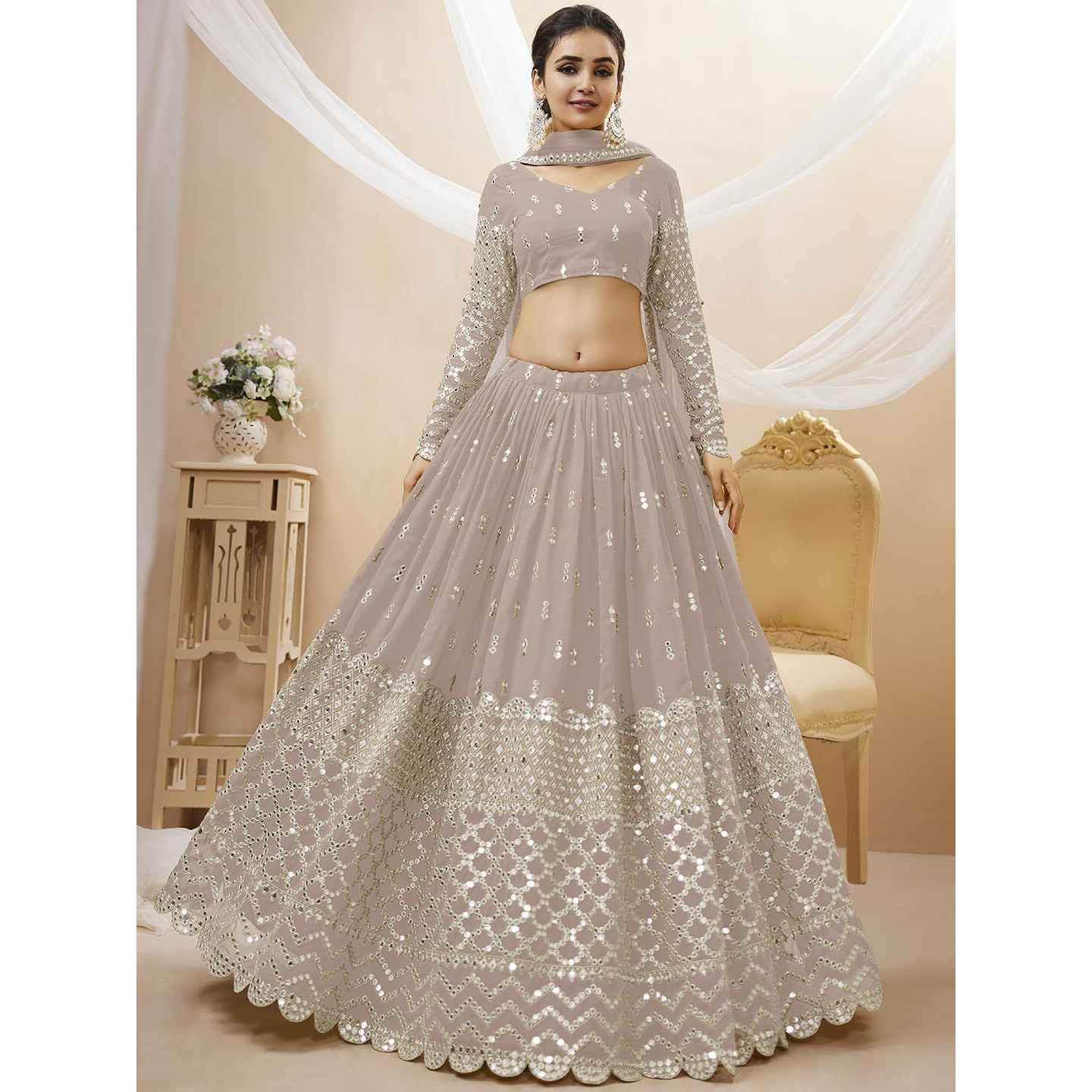 Zeel Clothing Women's Sequins Zari Embroidered Georgette Semi Stitched Lehenga Choli With Dupatta (302-Grey-Wedding-Bridal-Latest-New Free Size) (Grey)