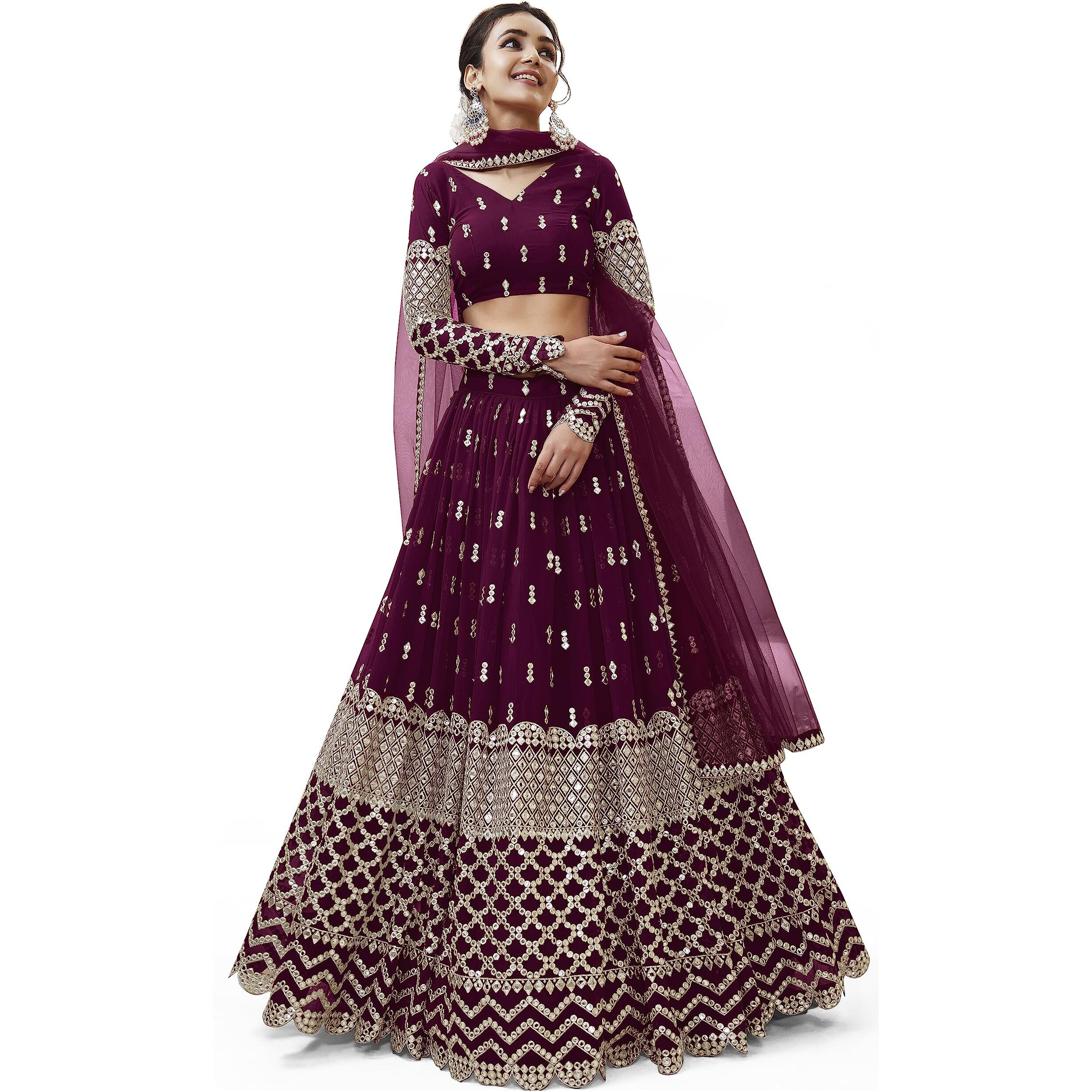 Zeel Clothing Women's Sequins Zari Embroidered Georgette Semi-Stitched Lehenga Set For Women (304-Wine-Wedding-Bridal-Latest-New Free Size) (Wine)