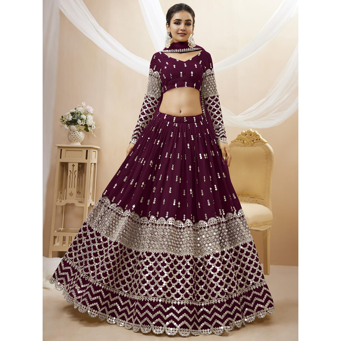 Zeel Clothing Women's Sequins Zari Embroidered Georgette Semi-Stitched Lehenga Set For Women (304-Wine-Wedding-Bridal-Latest-New Free Size) (Wine)