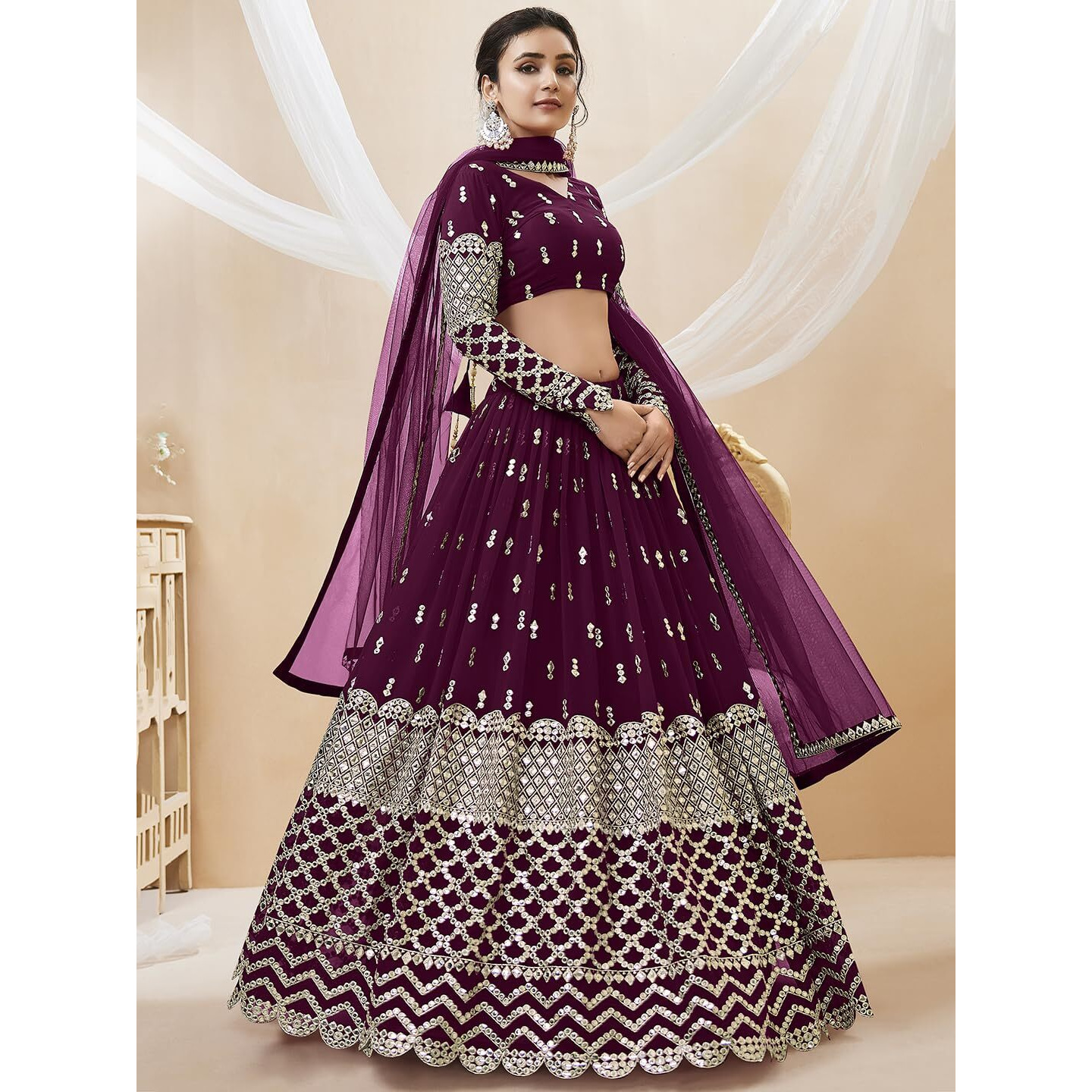 Zeel Clothing Women's Sequins Zari Embroidered Georgette Semi-Stitched Lehenga Set For Women (304-Wine-Wedding-Bridal-Latest-New Free Size) (Wine)