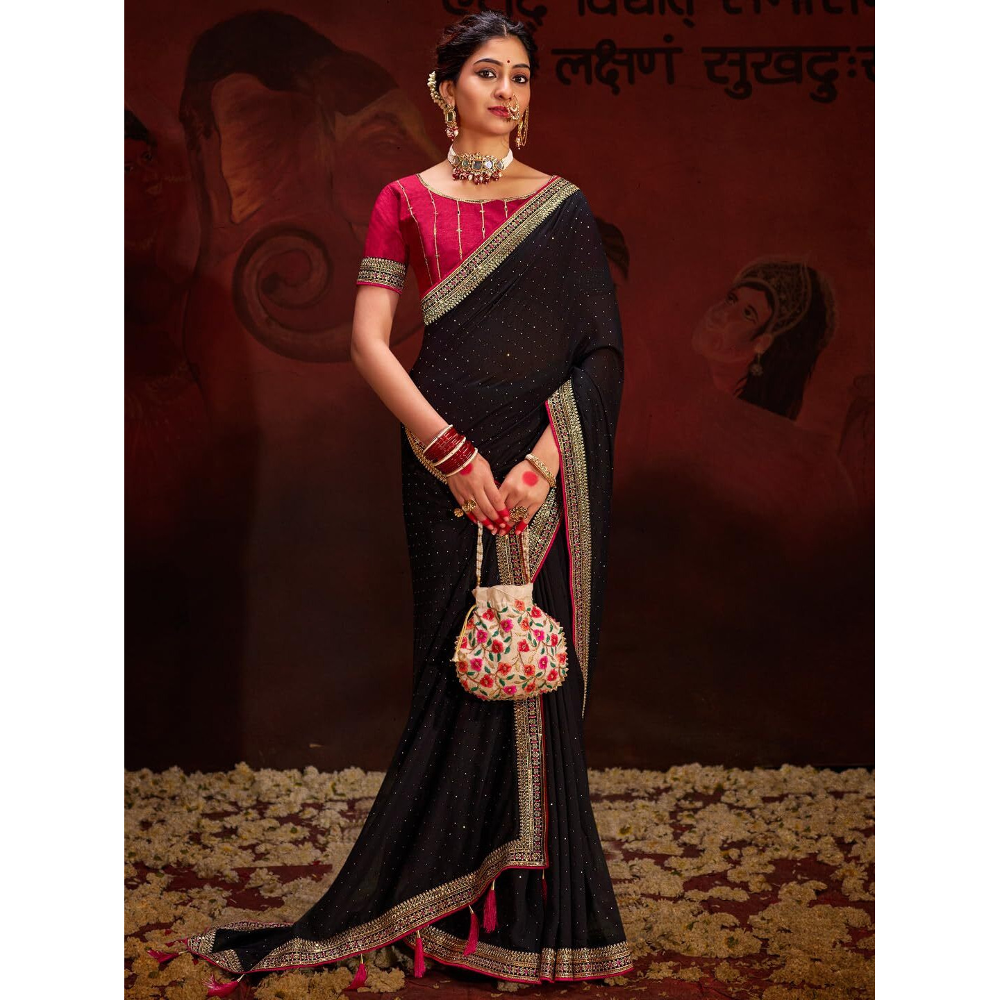 Saree Mall Women's Black Vichitra Silk Embroidered Saree With Unstitched Blouse Piece(Ayushi4004_Sum)