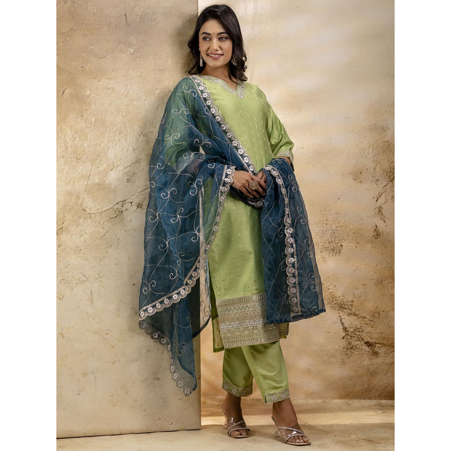 Vredevogel Women's Chanderi Silk Embroidered Kurta With Pant & Organza Dupatta Set (Mehndi_2X-Large)