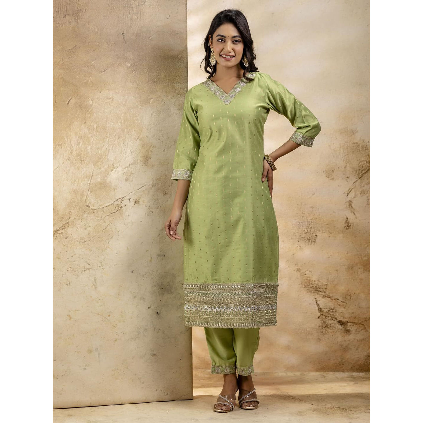 Vredevogel Women's Chanderi Silk Embroidered Kurta With Pant & Organza Dupatta Set (Mehndi_2X-Large)