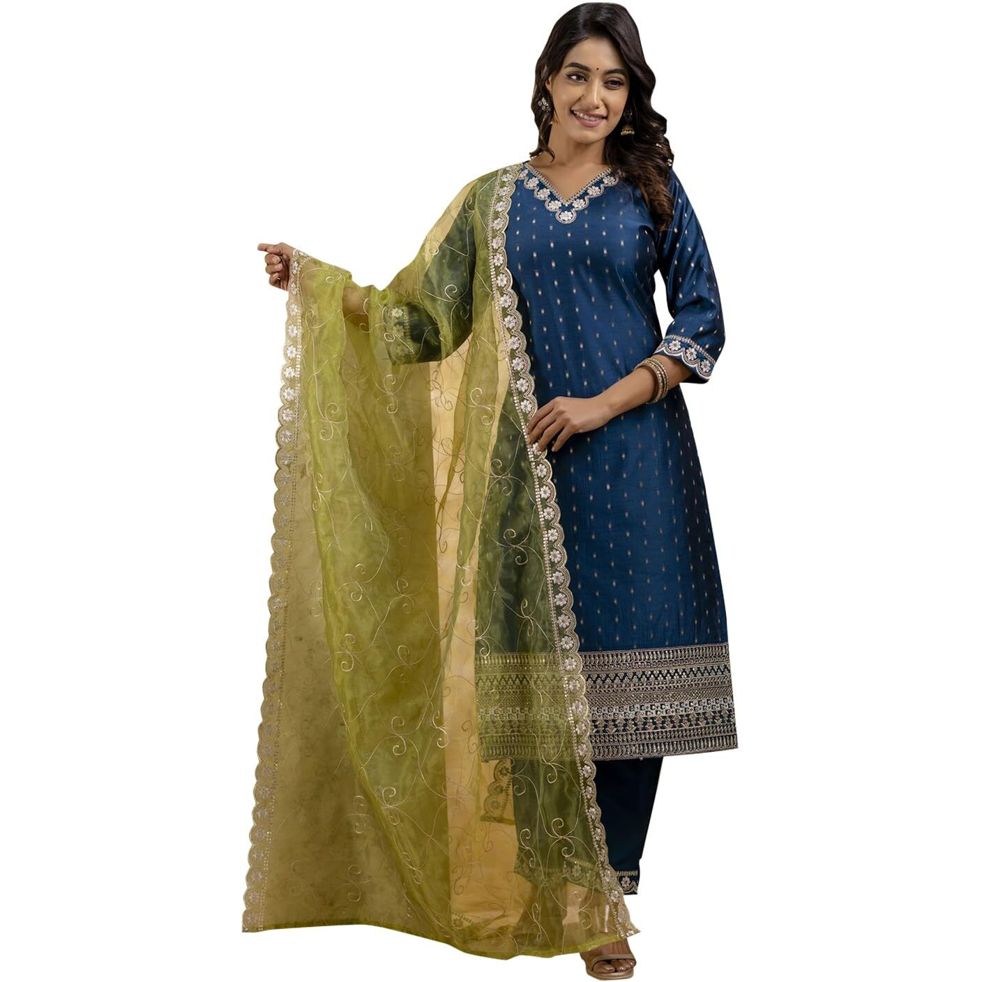 Vredevogel Women's Chanderi Silk Embroidered Kurta With Pant & Organza Dupatta Set (Teal_X-Large)